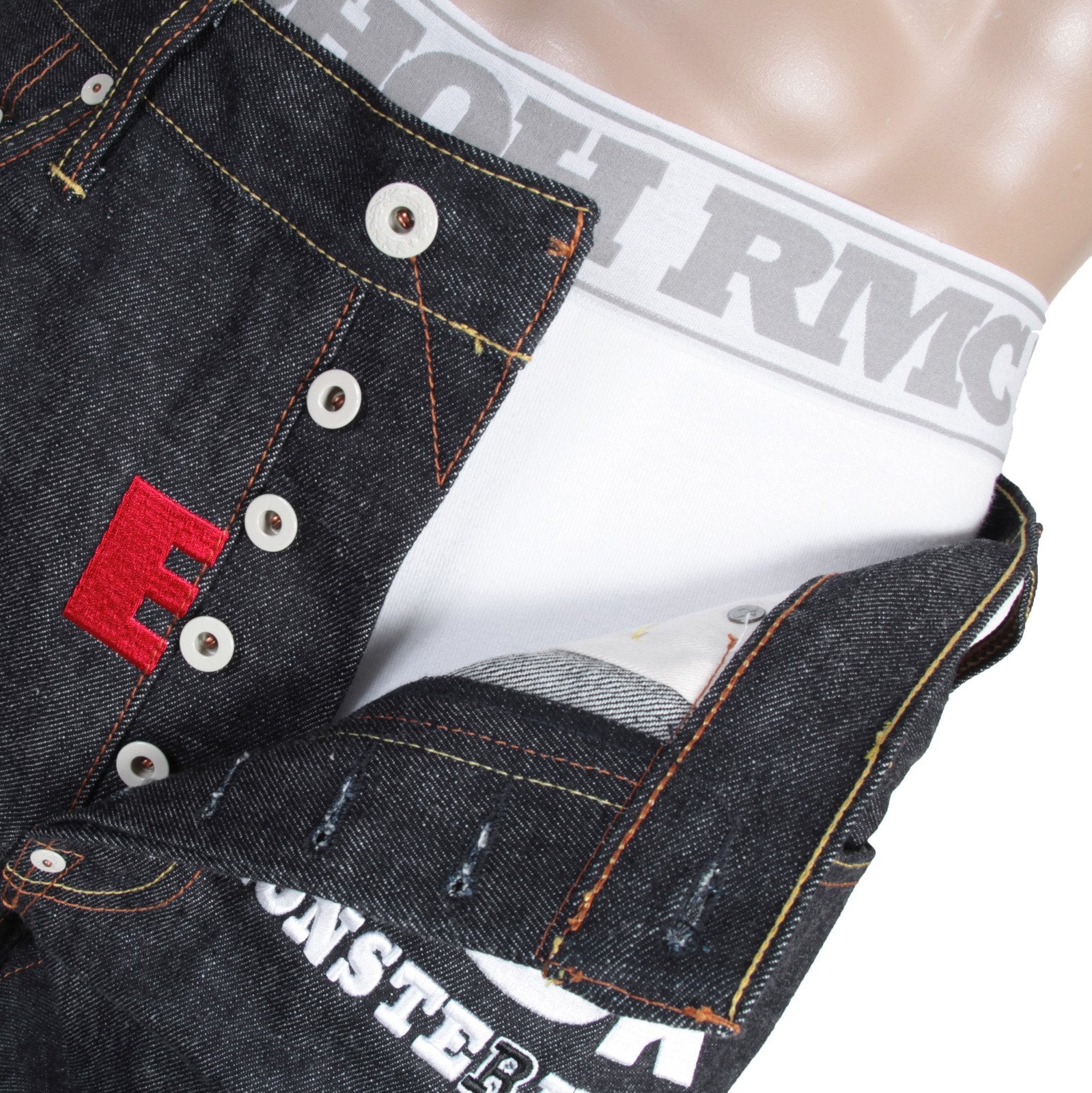RMC X 4A VERSION MENS INDIGO RAW SELVEDGE 1001 BLACK FM UNION MONSTER RIDER EMBROIDERED DENIM JEANS RMC1943