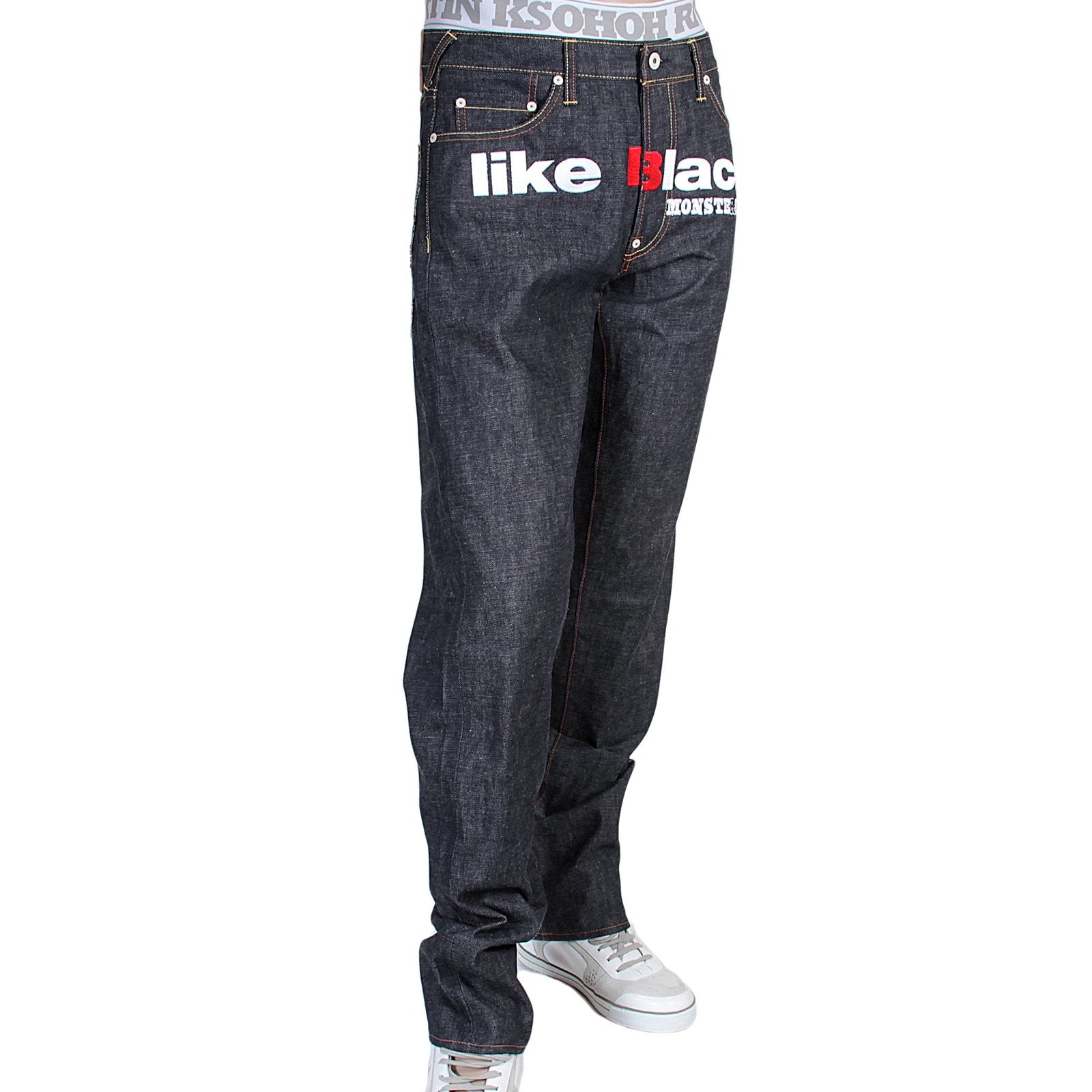 RMC X 4A VERSION MENS INDIGO RAW SELVEDGE 1001 BLACK FM UNION MONSTER RIDER EMBROIDERED DENIM JEANS RMC1943