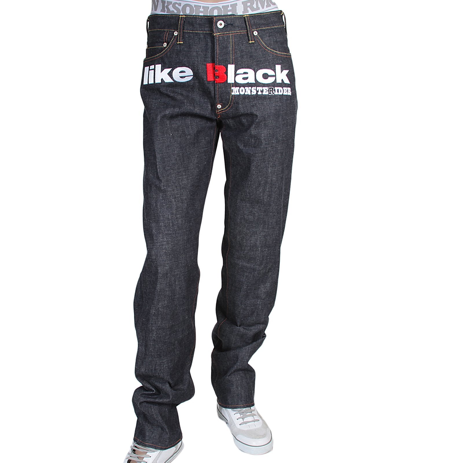 RMC X 4A VERSION MENS INDIGO RAW SELVEDGE 1001 BLACK FM UNION MONSTER RIDER EMBROIDERED DENIM JEANS RMC1943