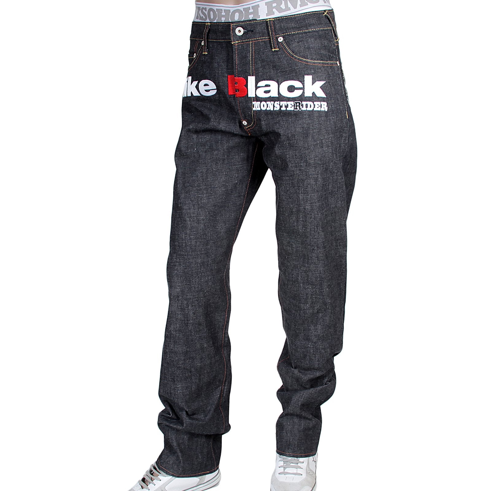 RMC X 4A VERSION MENS INDIGO RAW SELVEDGE 1001 BLACK FM UNION MONSTER RIDER EMBROIDERED DENIM JEANS RMC1943