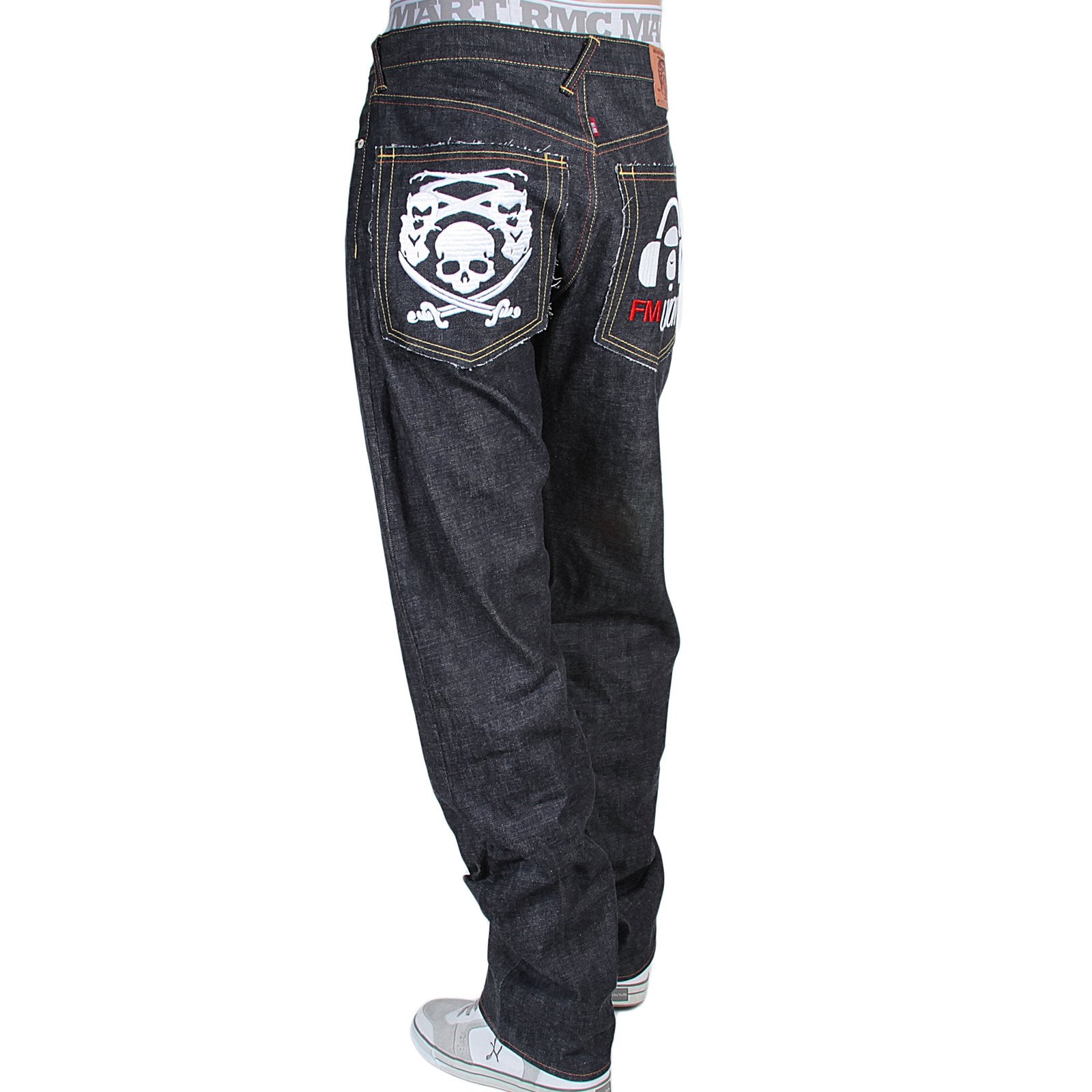 RMC X 4A VERSION MENS INDIGO RAW SELVEDGE 1001 BLACK FM UNION MONSTER RIDER EMBROIDERED DENIM JEANS RMC1943
