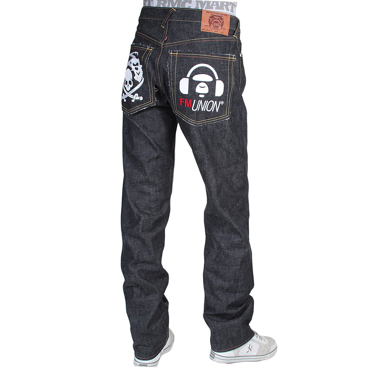 RMC X 4A VERSION MENS INDIGO RAW SELVEDGE 1001 BLACK FM UNION MONSTER RIDER EMBROIDERED DENIM JEANS RMC1943