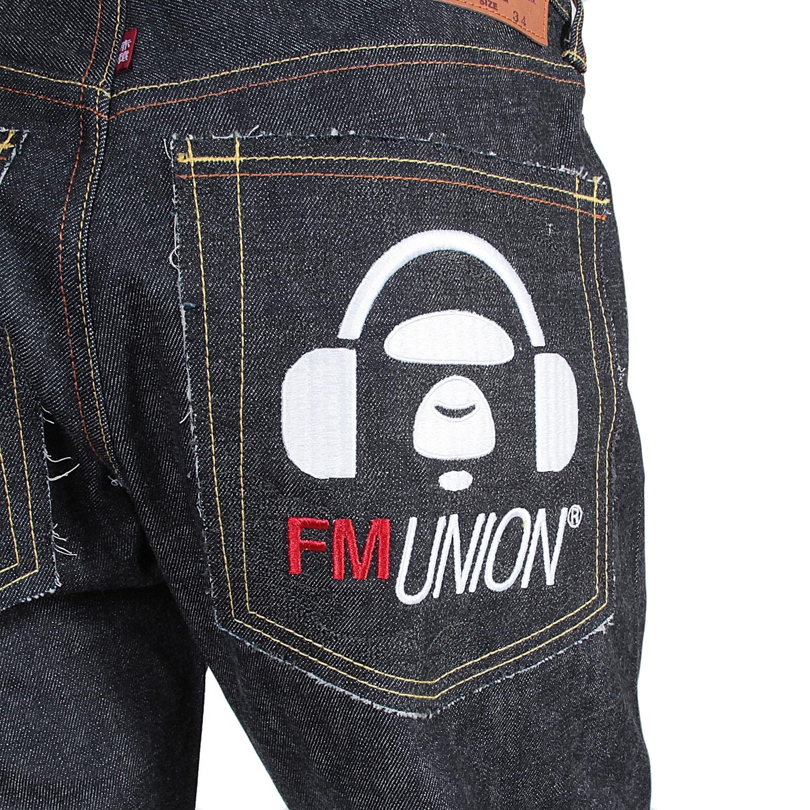 RMC X 4A VERSION MENS INDIGO RAW SELVEDGE 1001 BLACK FM UNION MONSTER RIDER EMBROIDERED DENIM JEANS RMC1943