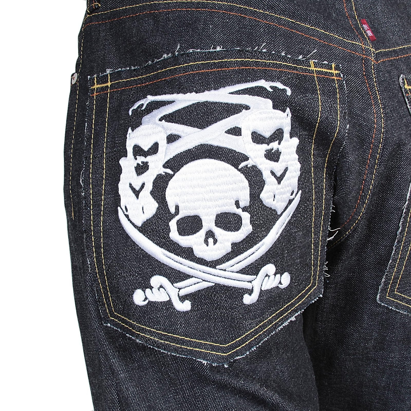 RMC X 4A VERSION MENS INDIGO RAW SELVEDGE 1001 BLACK FM UNION MONSTER RIDER EMBROIDERED DENIM JEANS RMC1943