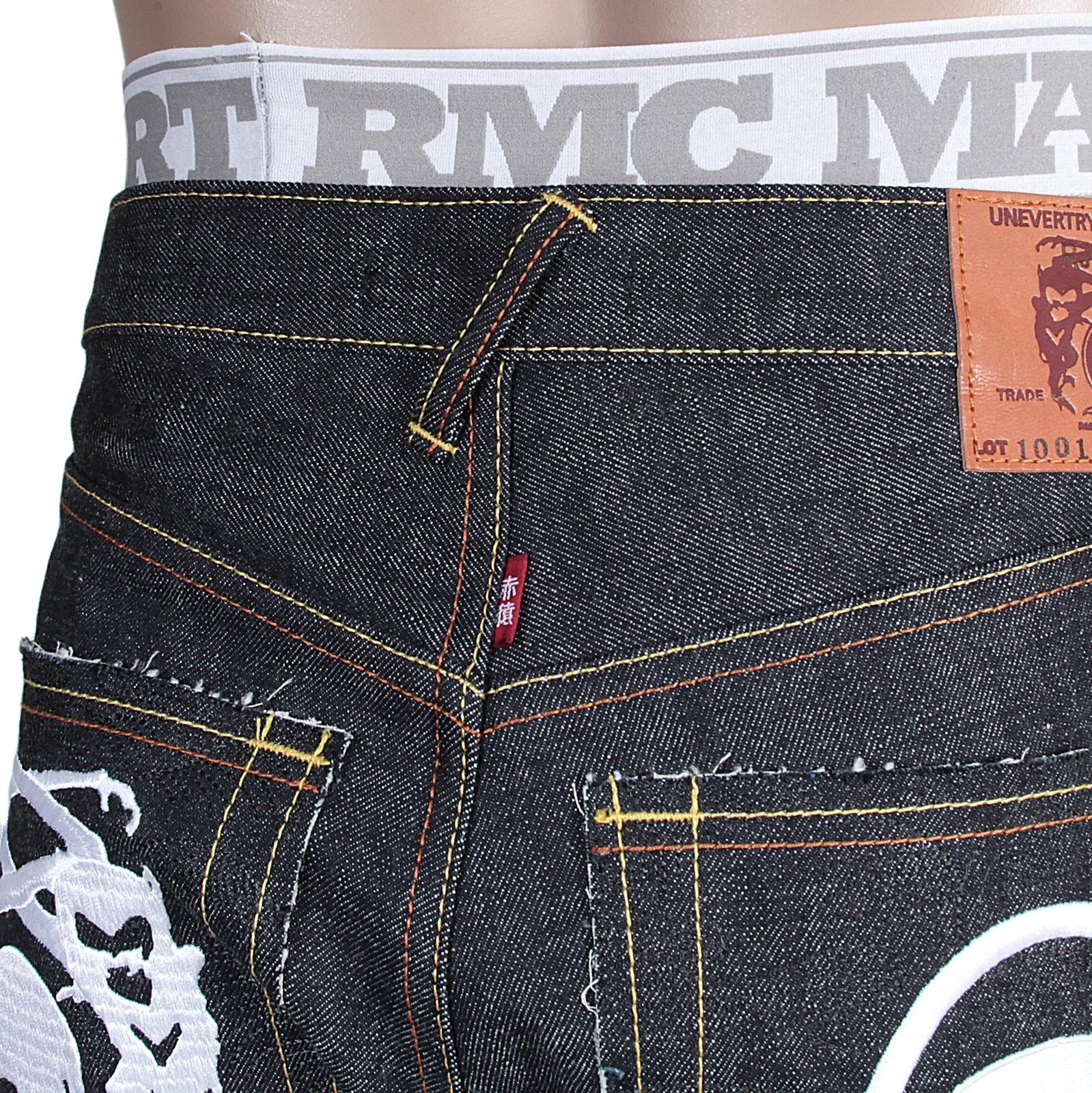 RMC X 4A VERSION MENS INDIGO RAW SELVEDGE 1001 BLACK FM UNION MONSTER RIDER EMBROIDERED DENIM JEANS RMC1943