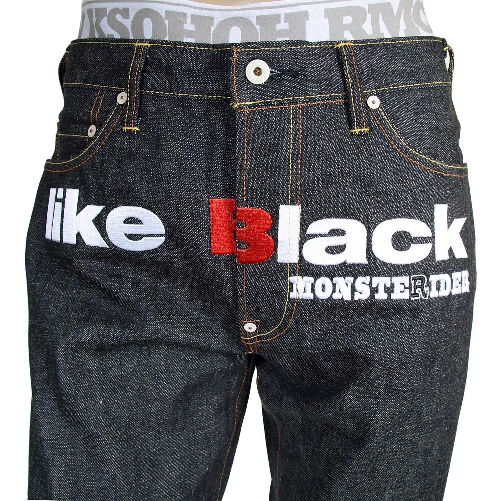 RMC X 4A VERSION MENS INDIGO RAW SELVEDGE 1001 BLACK FM UNION MONSTER RIDER EMBROIDERED DENIM JEANS RMC1943