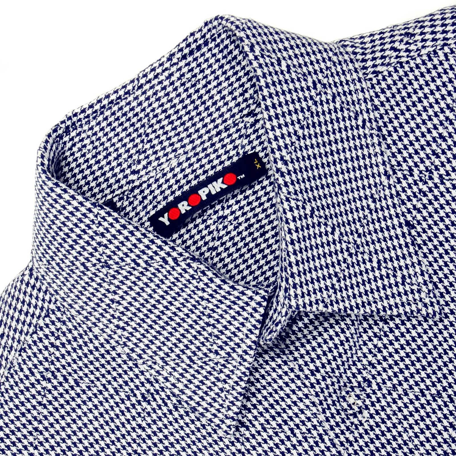 YOROPIKO MENS NAVY SOFT COLLAR REGULAR FIT NAVY AND WHITE LONG SLEEVE SHIRT WITH DOG TOOTH CHECK YORO0269