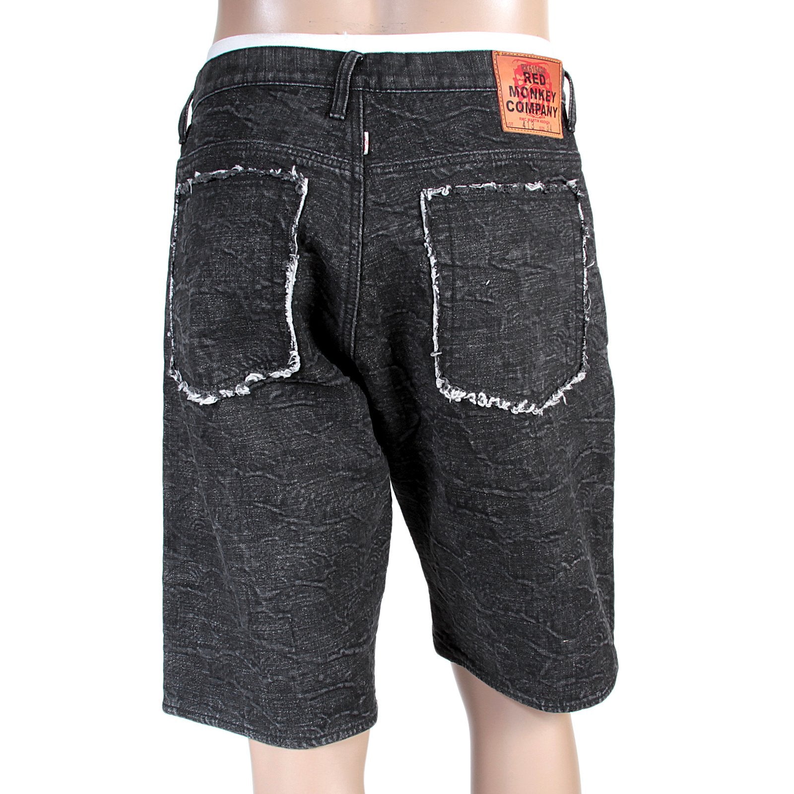 RMC MARTIN KSOHOH MENS COTTON BLACK DENIM SHORTS WITH TSUNAMI WAVES EMBROIDERY REDM4146