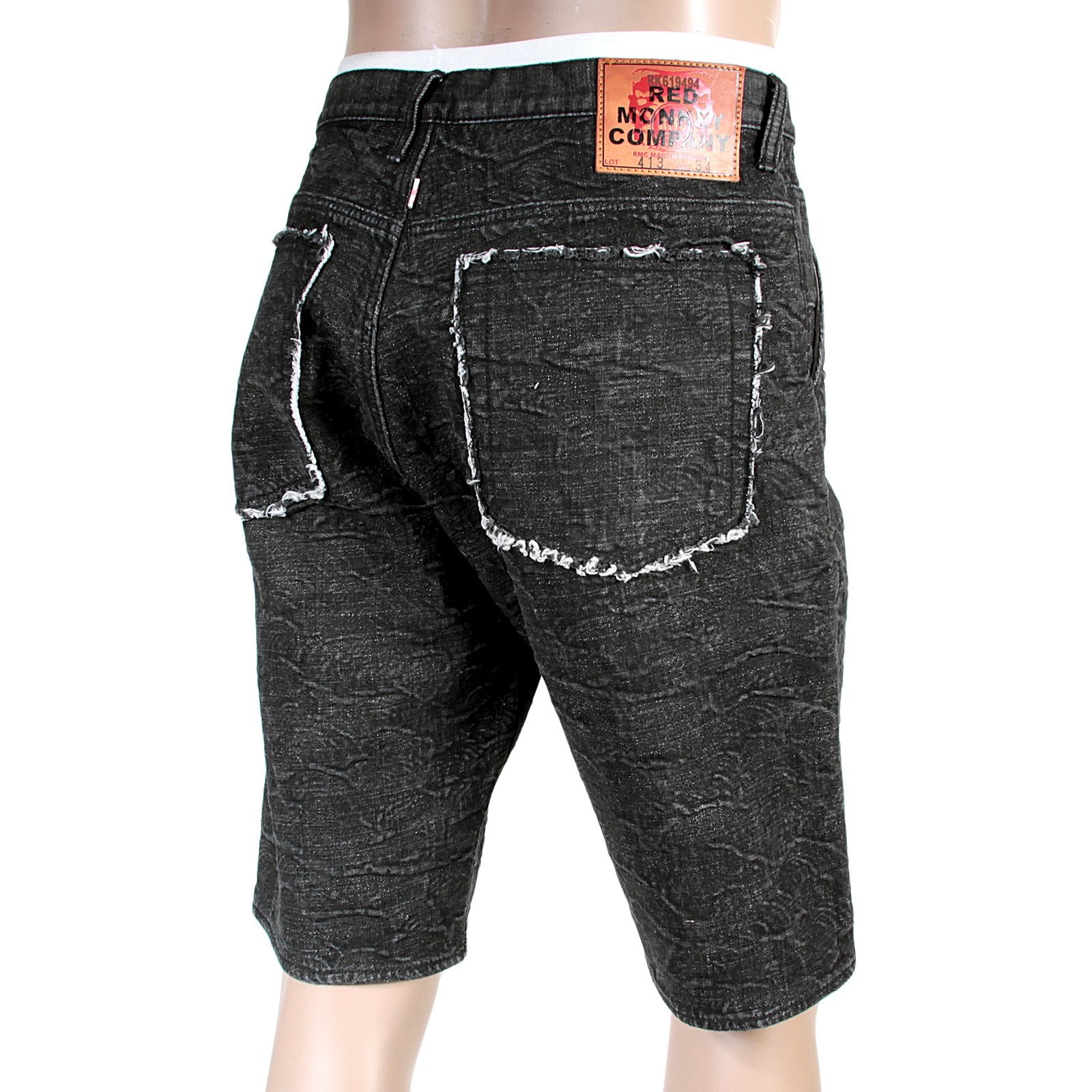 RMC MARTIN KSOHOH MENS COTTON BLACK DENIM SHORTS WITH TSUNAMI WAVES EMBROIDERY REDM4146
