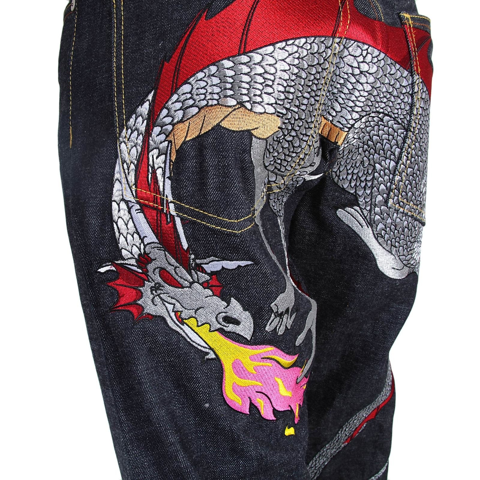RMC JEANS HUNGRY DRAGON 1001 MODEL JAPANESE SELVEDGE DENIM JEANS IN INDIGO WITH RED AND SILVER EMBROIDERY RMC3743