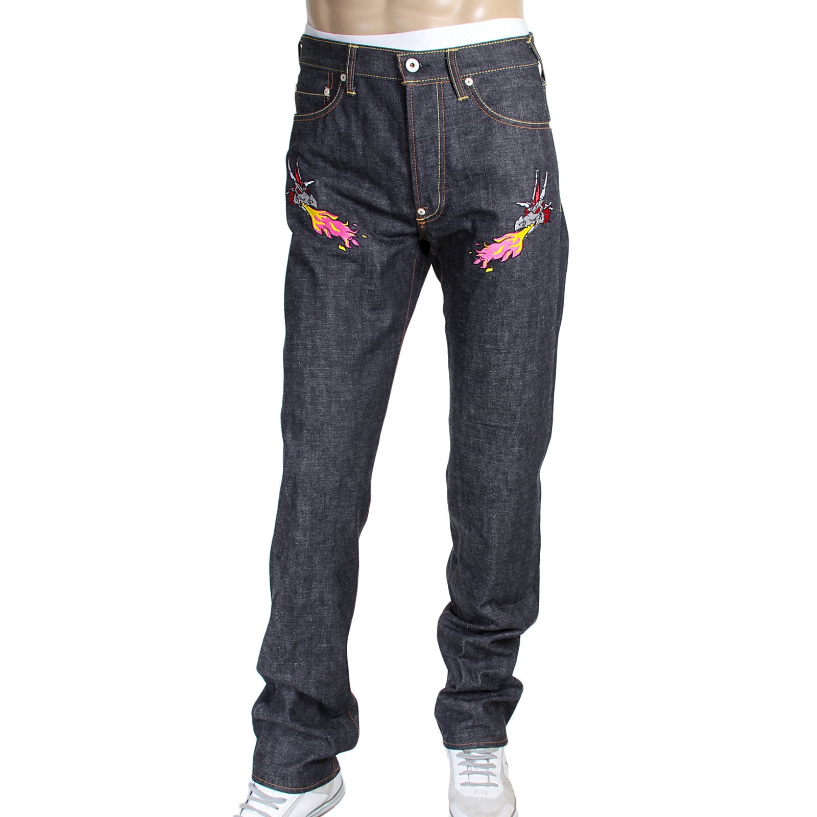 RMC JEANS HUNGRY DRAGON 1001 MODEL JAPANESE SELVEDGE DENIM JEANS IN INDIGO WITH RED AND SILVER EMBROIDERY RMC3743