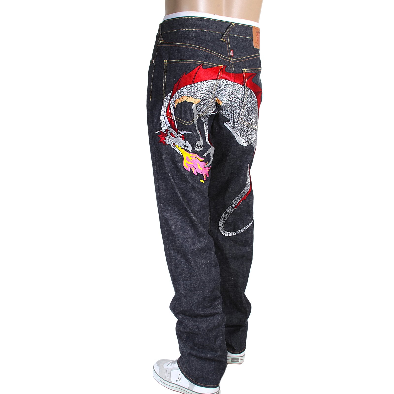 RMC JEANS HUNGRY DRAGON 1001 MODEL JAPANESE SELVEDGE DENIM JEANS IN INDIGO WITH RED AND SILVER EMBROIDERY RMC3743