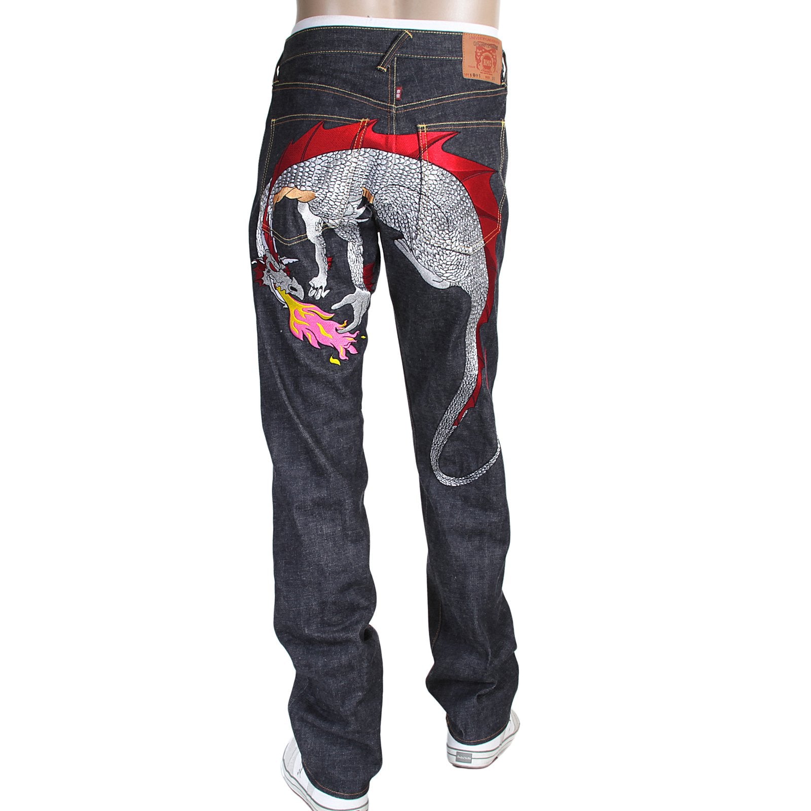 RMC JEANS HUNGRY DRAGON 1001 MODEL JAPANESE SELVEDGE DENIM JEANS IN INDIGO WITH RED AND SILVER EMBROIDERY RMC3743