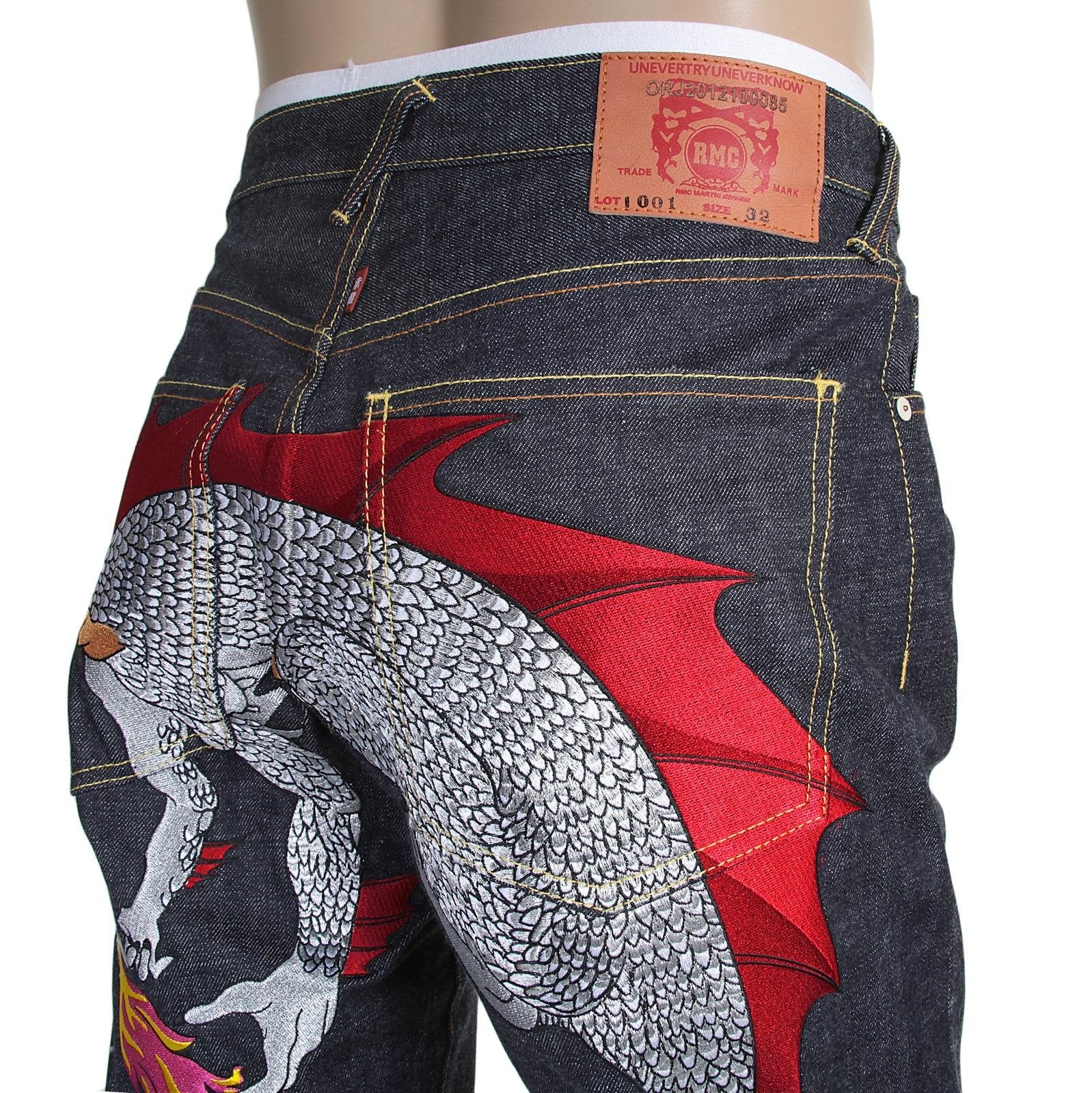 RMC JEANS HUNGRY DRAGON 1001 MODEL JAPANESE SELVEDGE DENIM JEANS IN INDIGO WITH RED AND SILVER EMBROIDERY RMC3743