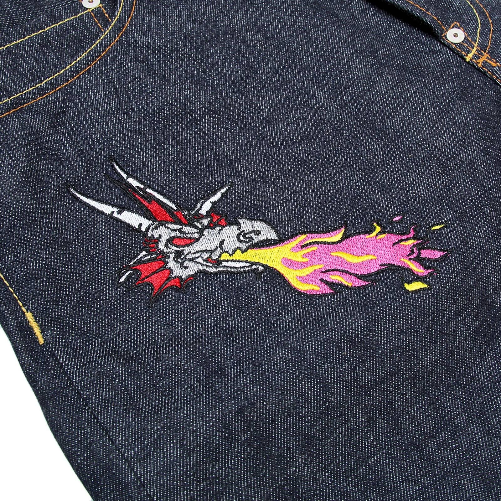 RMC JEANS HUNGRY DRAGON 1001 MODEL JAPANESE SELVEDGE DENIM JEANS IN INDIGO WITH RED AND SILVER EMBROIDERY RMC3743