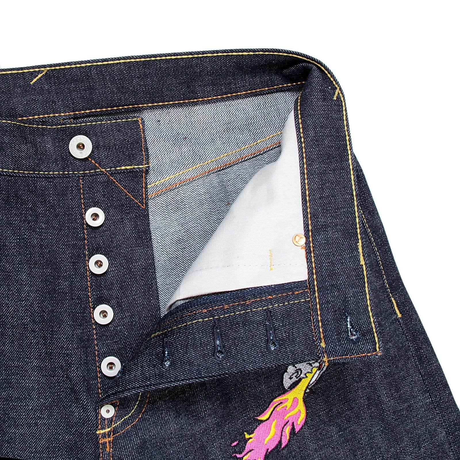 RMC JEANS HUNGRY DRAGON 1001 MODEL JAPANESE SELVEDGE DENIM JEANS IN INDIGO WITH RED AND SILVER EMBROIDERY RMC3743