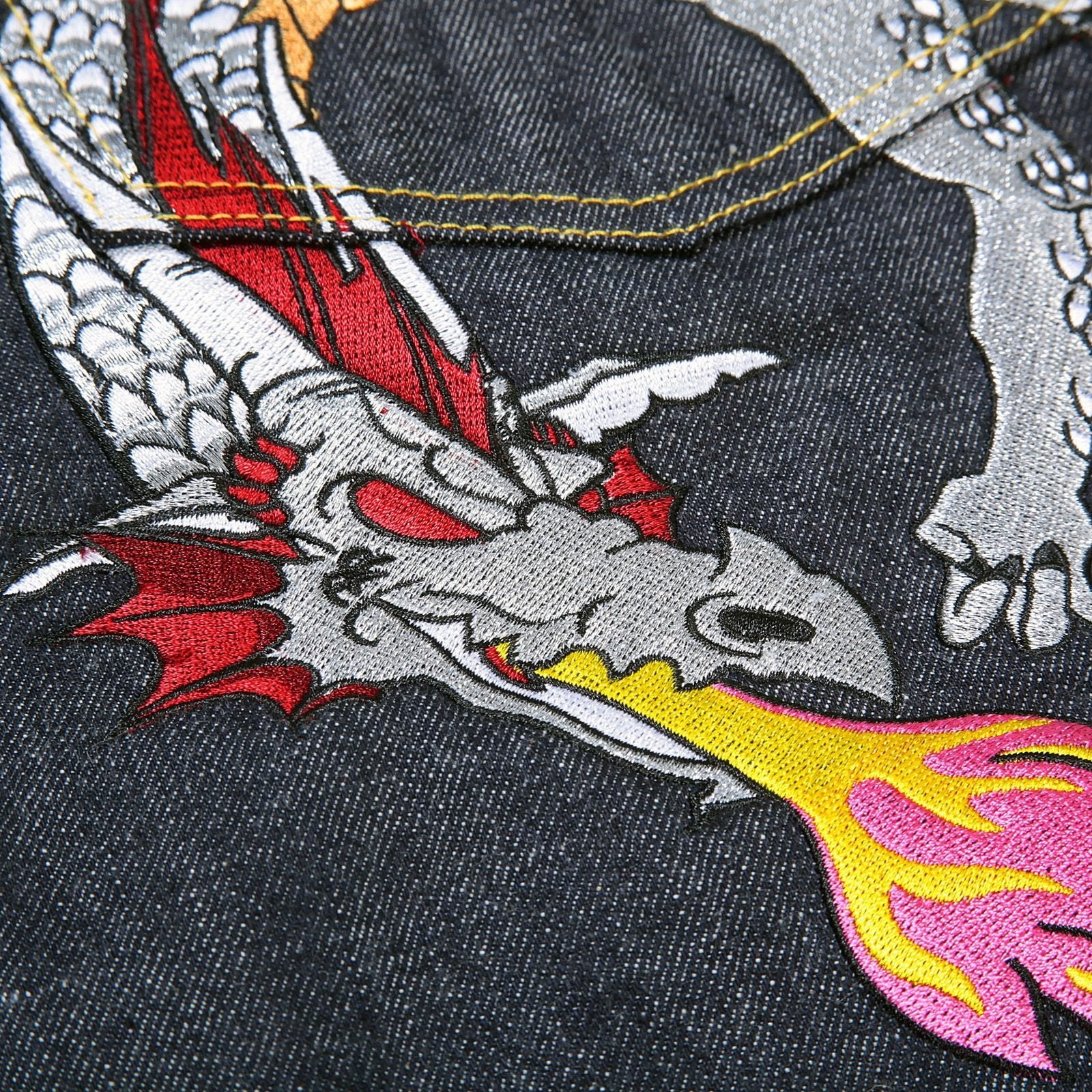 RMC JEANS HUNGRY DRAGON 1001 MODEL JAPANESE SELVEDGE DENIM JEANS IN INDIGO WITH RED AND SILVER EMBROIDERY RMC3743