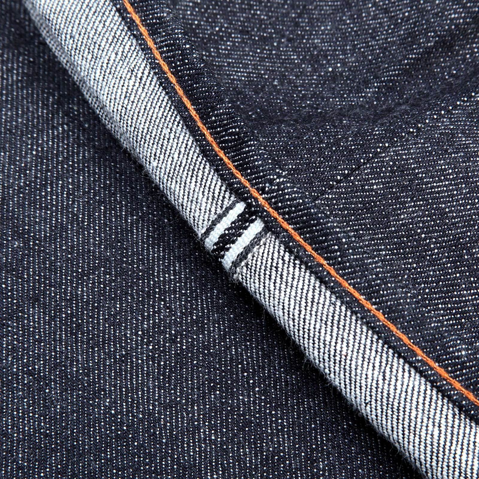 RMC JEANS HUNGRY DRAGON 1001 MODEL JAPANESE SELVEDGE DENIM JEANS IN INDIGO WITH RED AND SILVER EMBROIDERY RMC3743