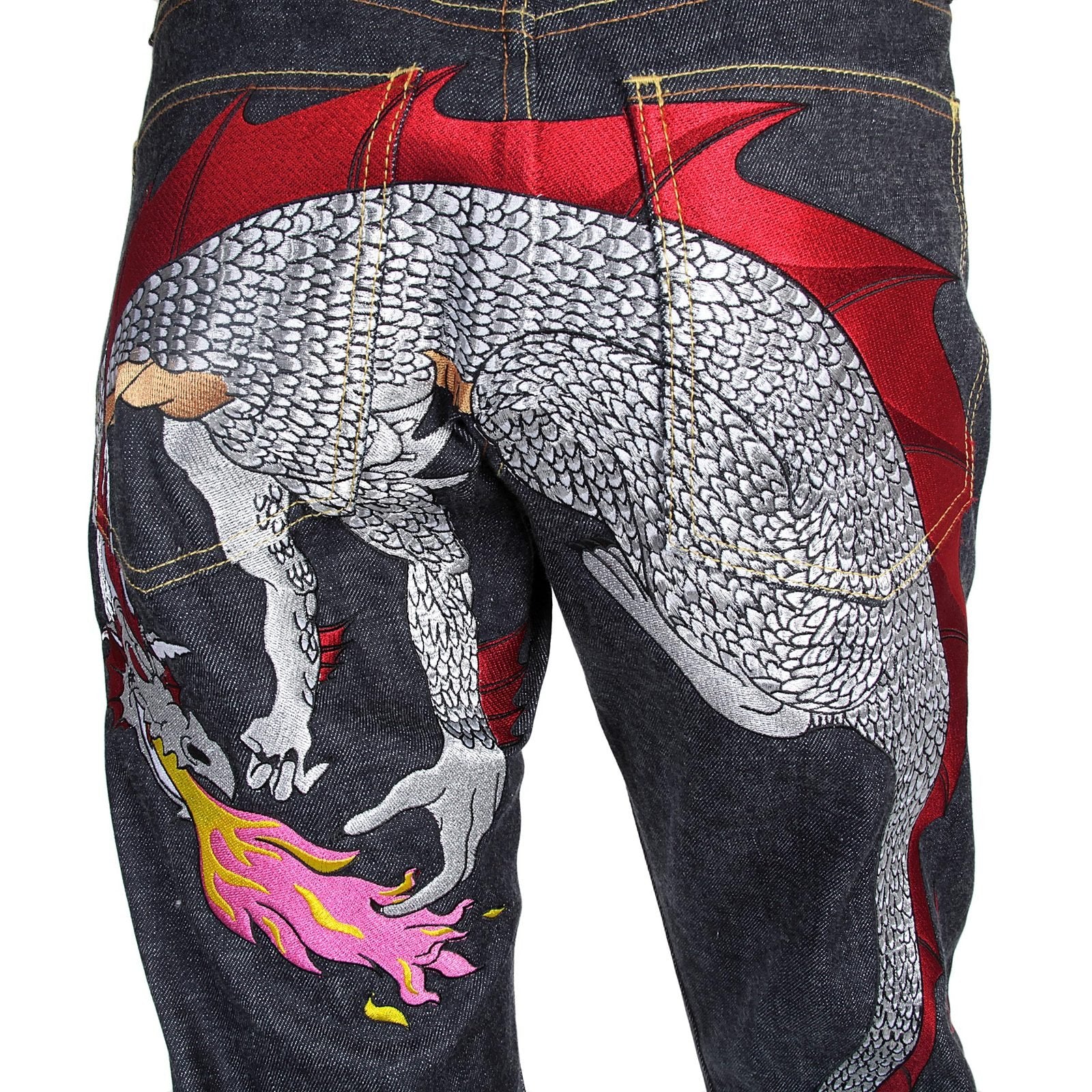 RMC JEANS HUNGRY DRAGON 1001 MODEL JAPANESE SELVEDGE DENIM JEANS IN INDIGO WITH RED AND SILVER EMBROIDERY RMC3743