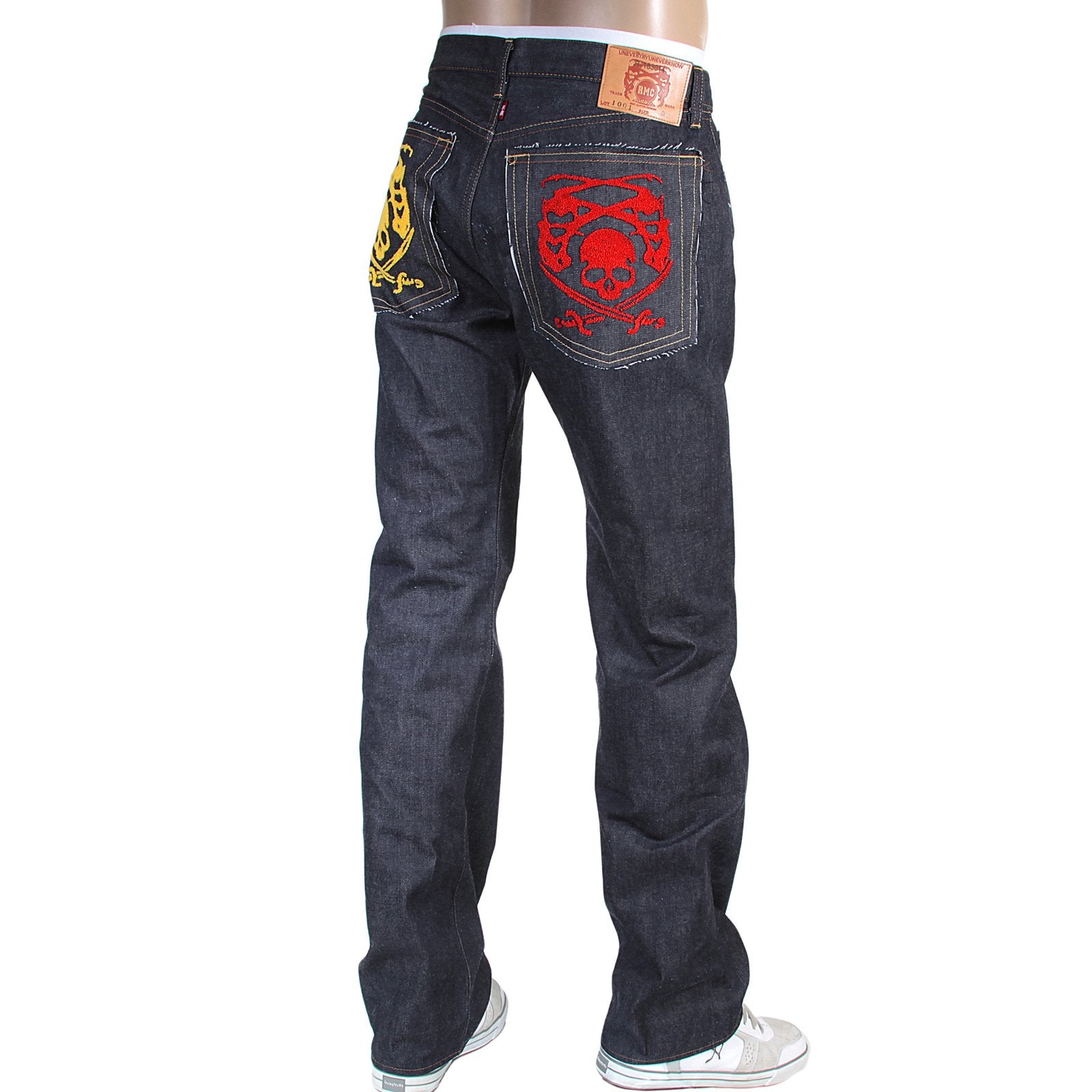 RMC JEANS 1001 MODEL JAPANESE HAND EMBROIDERED LOGO INDIGO RED LINE RAW SELVEDGE DENIM JEANS RMC3744