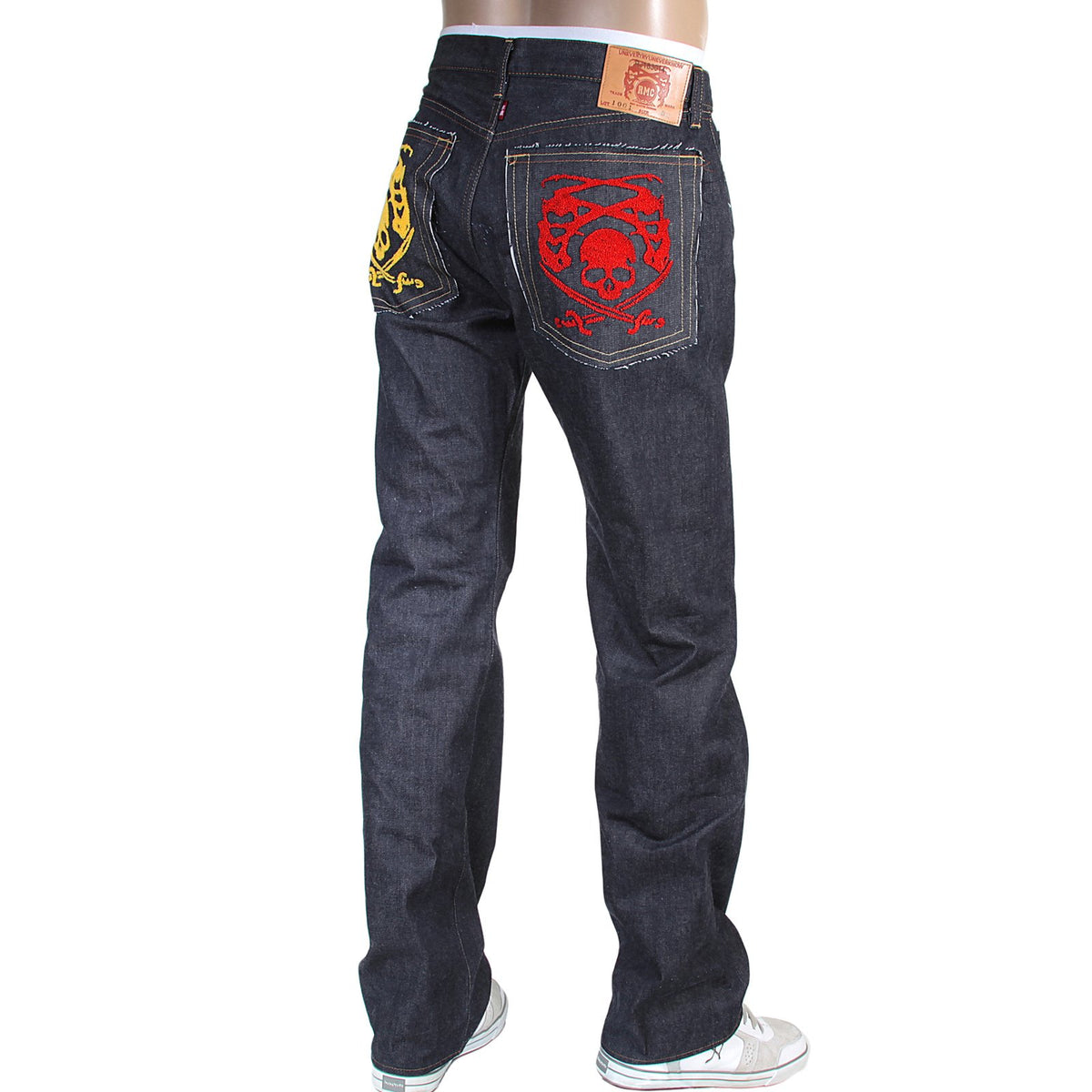 RMC JEANS 1001 MODEL JAPANESE HAND EMBROIDERED LOGO INDIGO RED LINE RAW SELVEDGE DENIM JEANS RMC3744