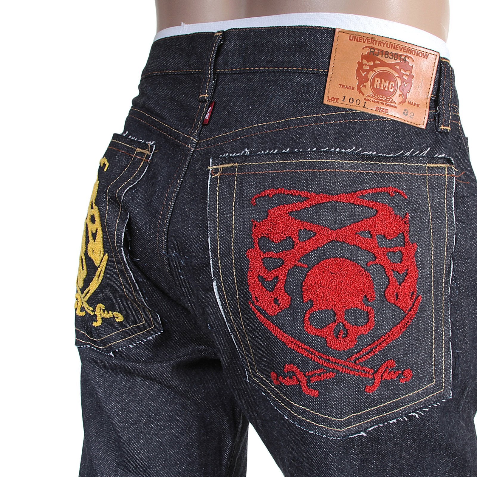 RMC JEANS 1001 MODEL JAPANESE HAND EMBROIDERED LOGO INDIGO RED LINE RAW SELVEDGE DENIM JEANS RMC3744