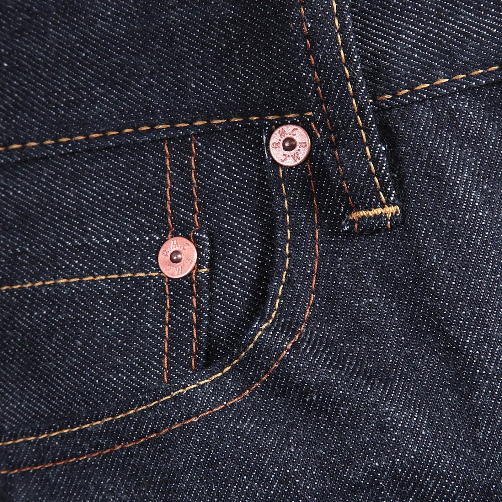 RMC JEANS 1001 MODEL JAPANESE HAND EMBROIDERED LOGO INDIGO RED LINE RAW SELVEDGE DENIM JEANS RMC3744