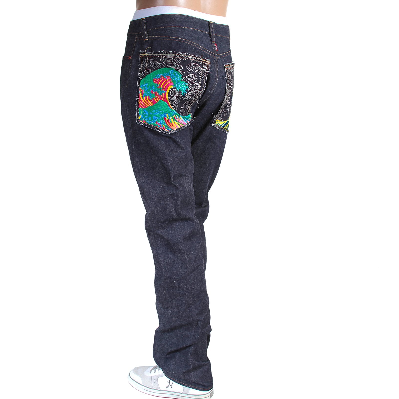 RMC MARTIN KSOHOH 1011 SLIM CUT INDIGO RAW SELVEDGE DENIM JEANS WITH LARGE TSUNAMI WAVES EMBROIDERY RMC3745