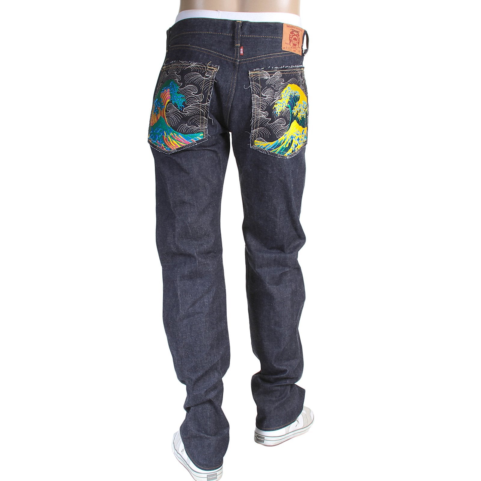 RMC MARTIN KSOHOH 1011 SLIM CUT INDIGO RAW SELVEDGE DENIM JEANS WITH LARGE TSUNAMI WAVES EMBROIDERY RMC3745