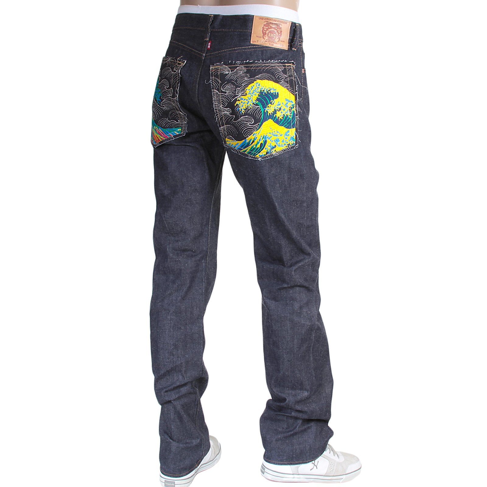 RMC MARTIN KSOHOH 1011 SLIM CUT INDIGO RAW SELVEDGE DENIM JEANS WITH LARGE TSUNAMI WAVES EMBROIDERY RMC3745
