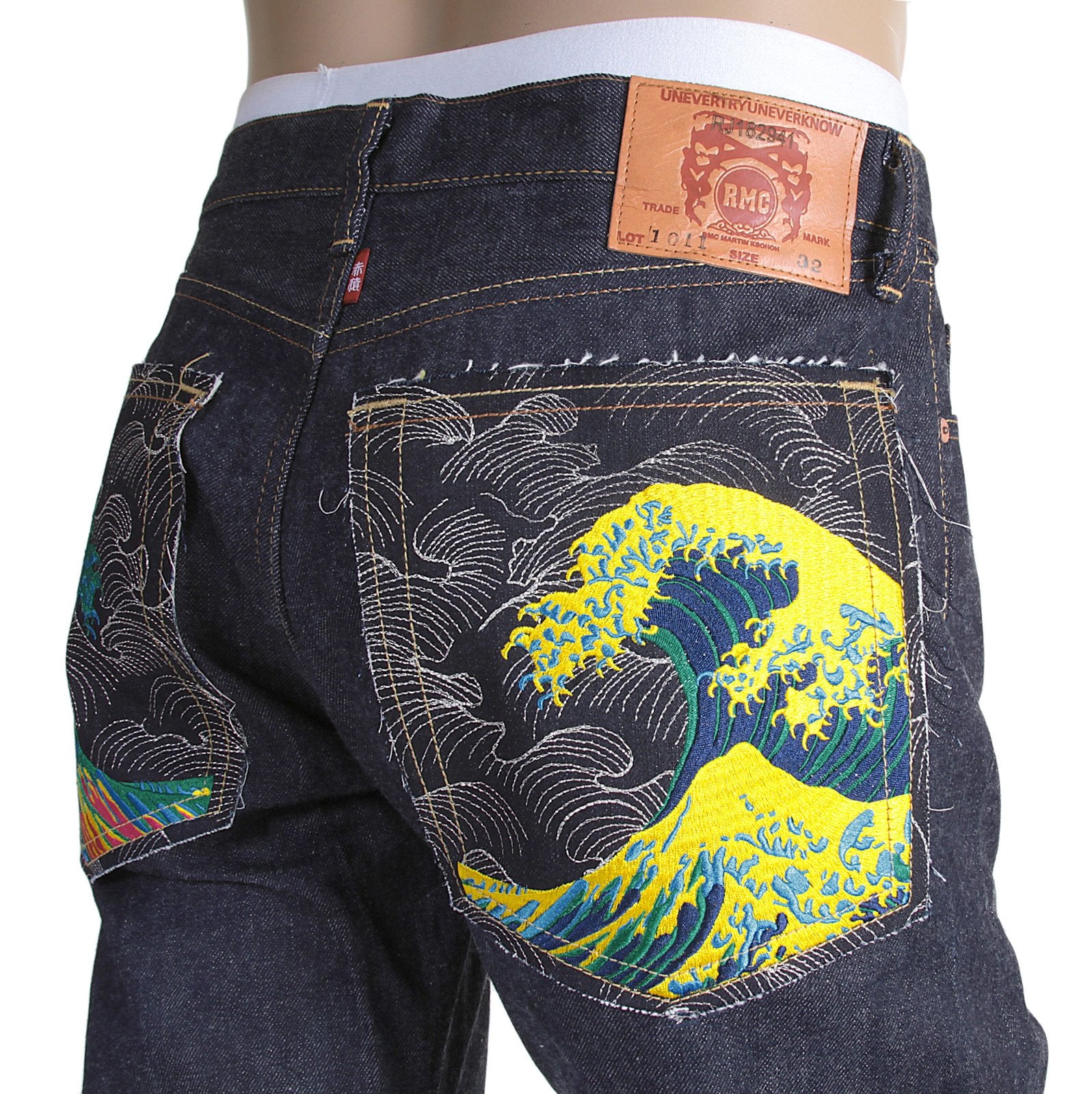 RMC MARTIN KSOHOH 1011 SLIM CUT INDIGO RAW SELVEDGE DENIM JEANS WITH LARGE TSUNAMI WAVES EMBROIDERY RMC3745