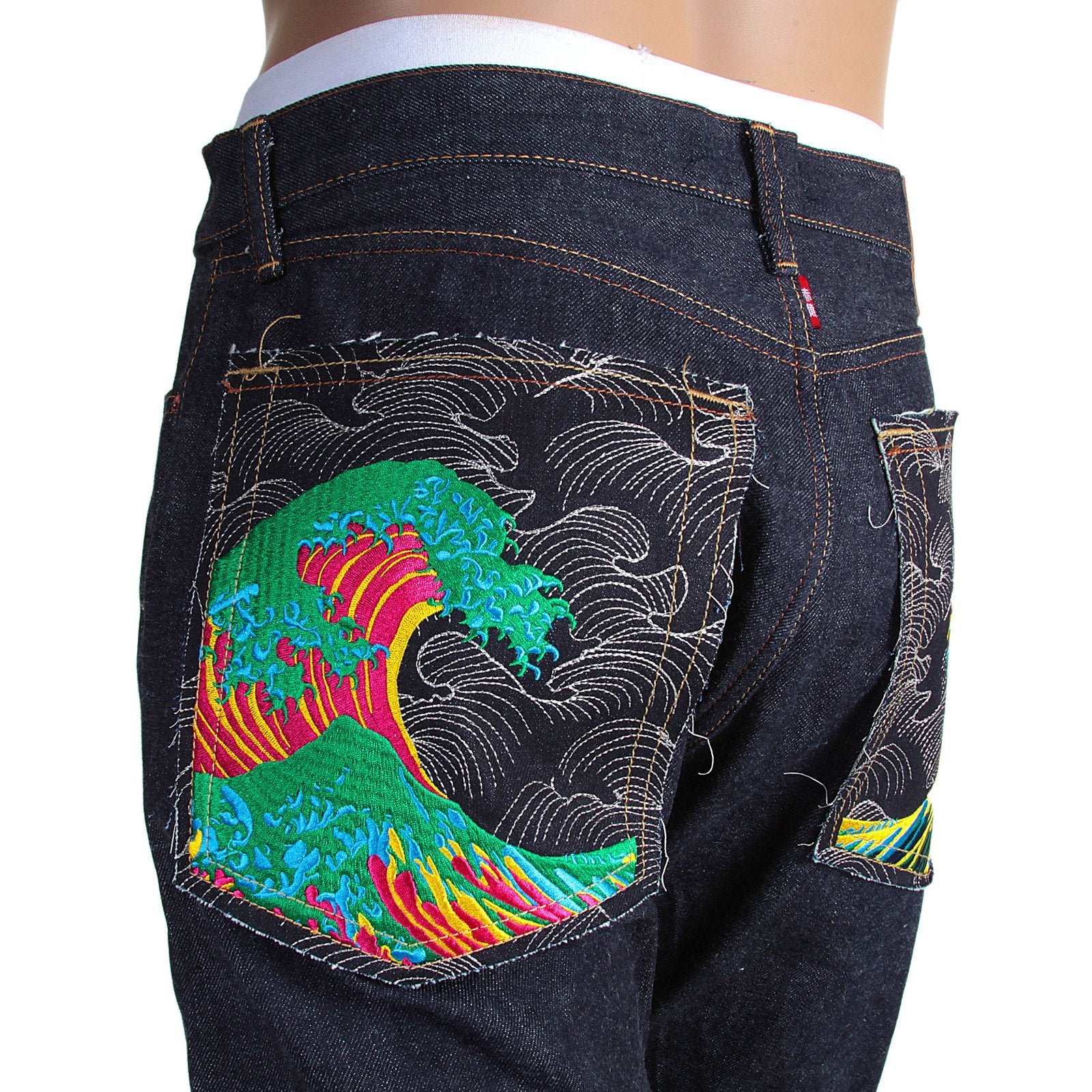 RMC MARTIN KSOHOH 1011 SLIM CUT INDIGO RAW SELVEDGE DENIM JEANS WITH LARGE TSUNAMI WAVES EMBROIDERY RMC3745
