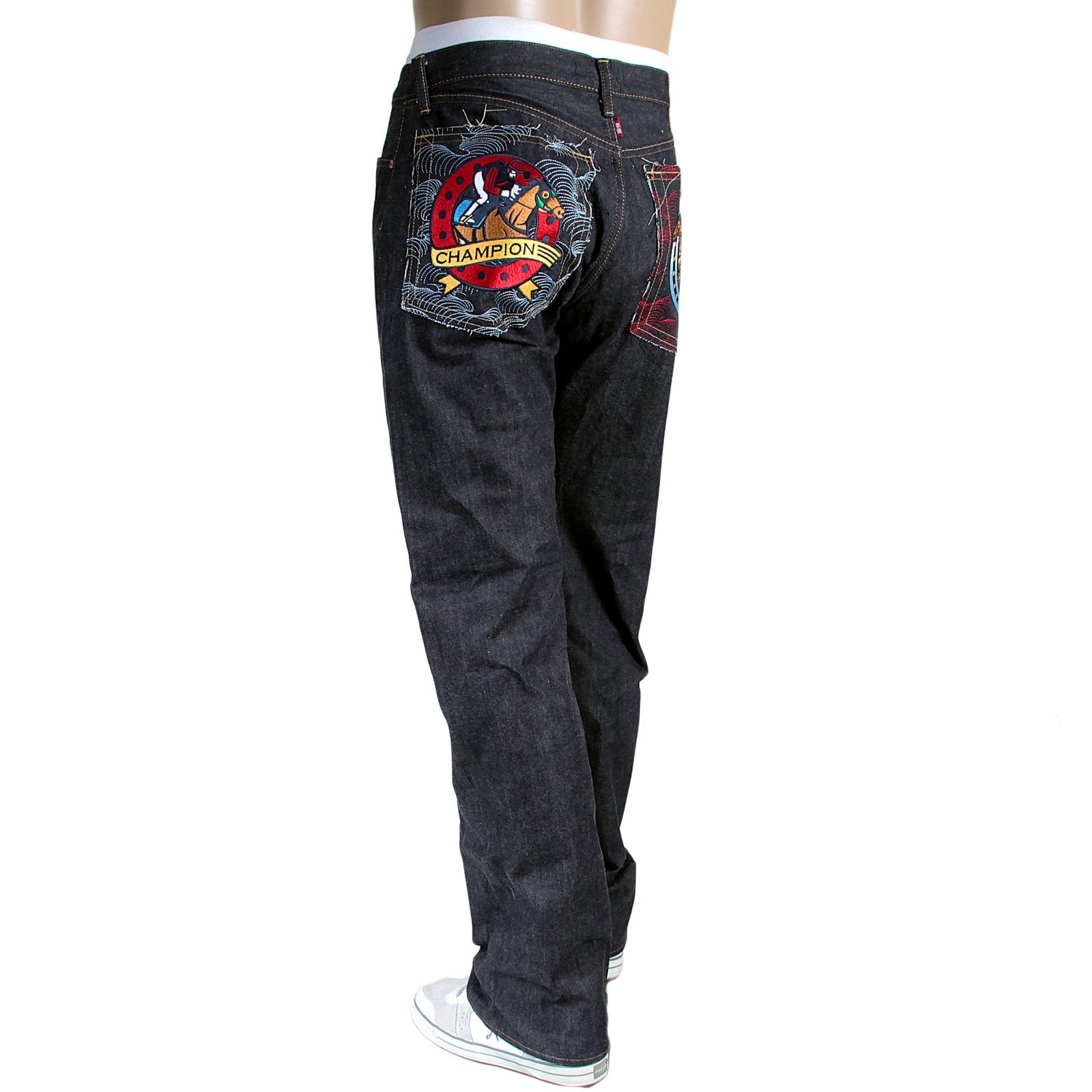 RMC JEANS 1001 MODEL MENS JAPANESE INDIGO RAW SELVEDGE DENIM JEANS WITH RED LUCKY HORSE EMBROIDERY RMC3748