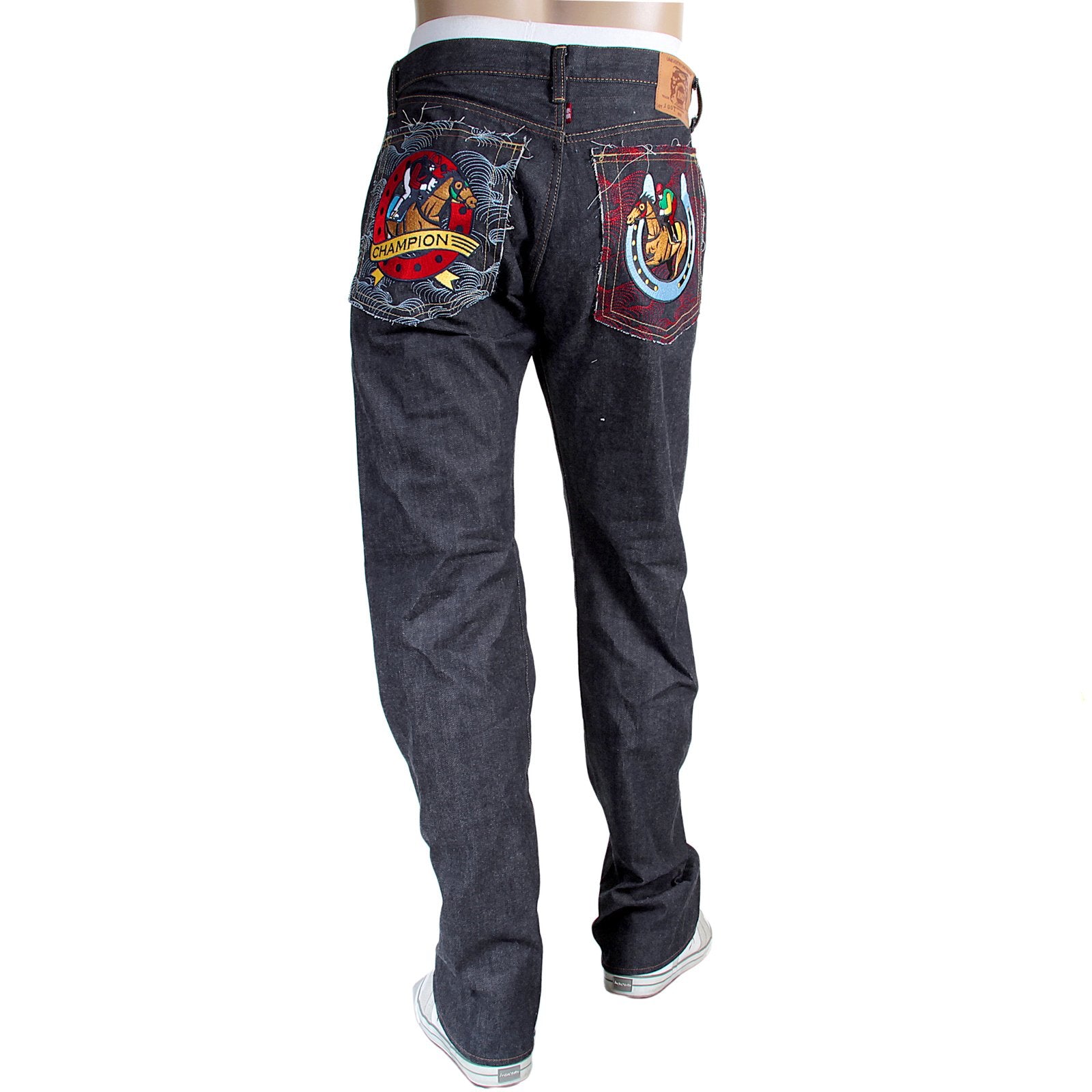 RMC JEANS 1001 MODEL MENS JAPANESE INDIGO RAW SELVEDGE DENIM JEANS WITH RED LUCKY HORSE EMBROIDERY RMC3748