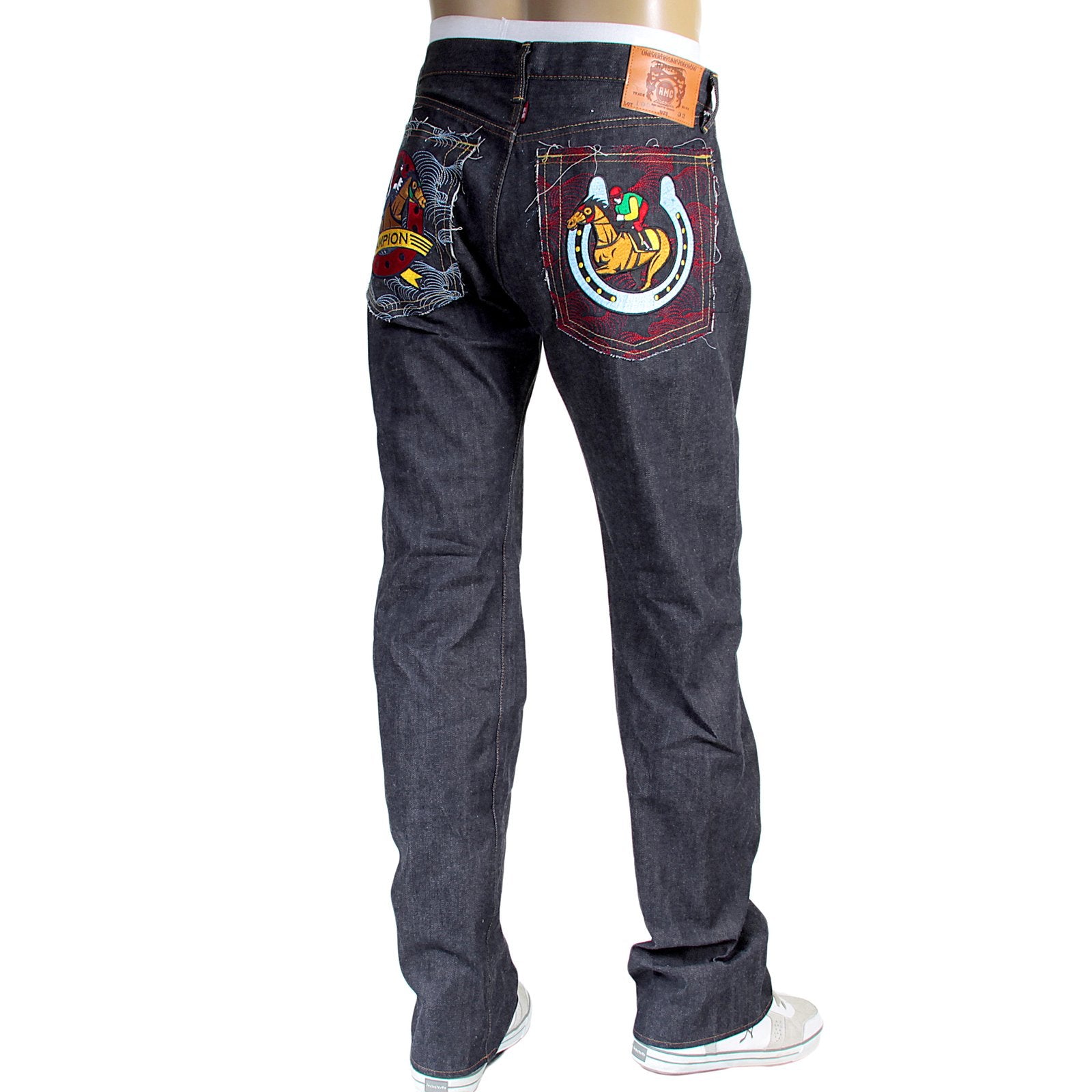RMC JEANS 1001 MODEL MENS JAPANESE INDIGO RAW SELVEDGE DENIM JEANS WITH RED LUCKY HORSE EMBROIDERY RMC3748
