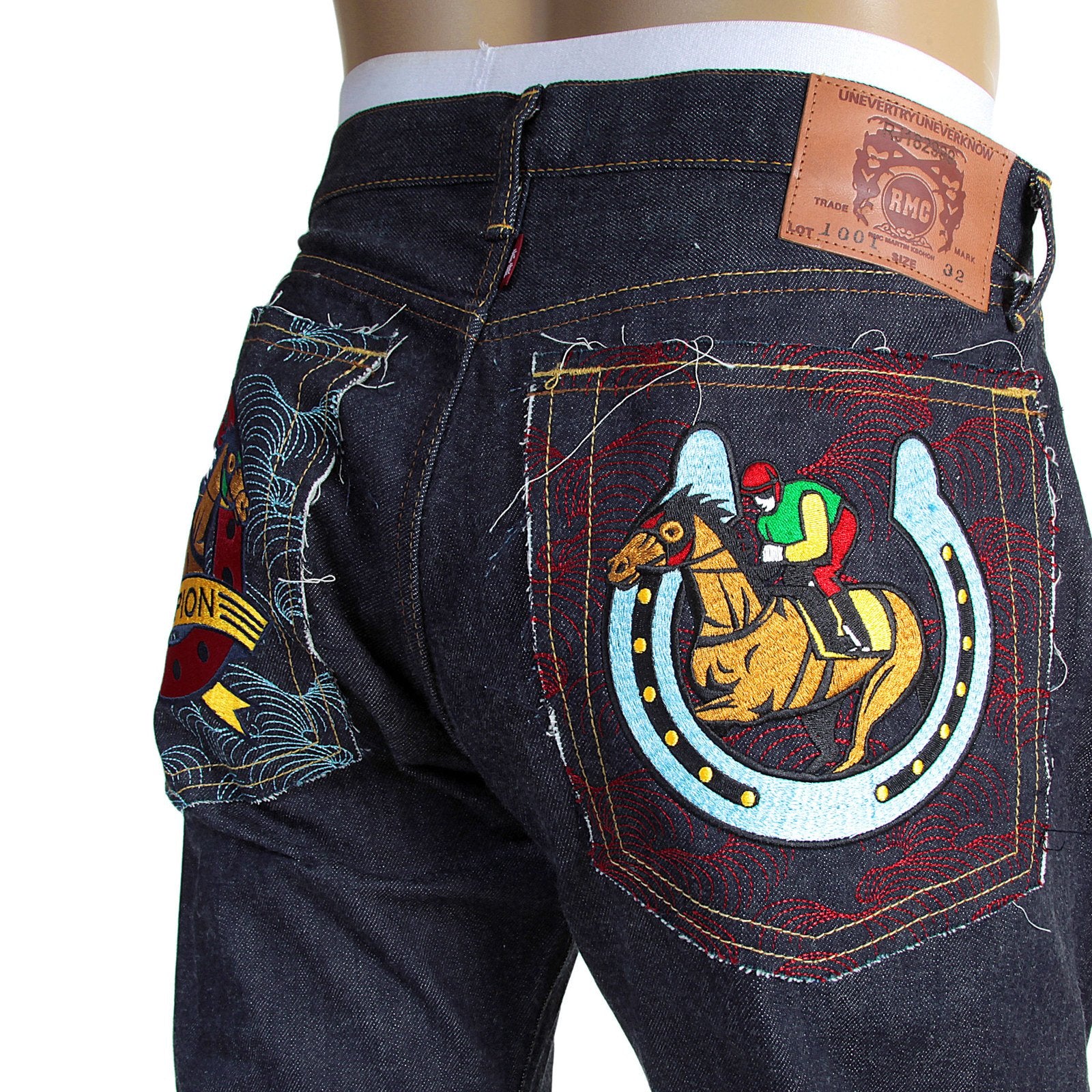 RMC JEANS 1001 MODEL MENS JAPANESE INDIGO RAW SELVEDGE DENIM JEANS WITH RED LUCKY HORSE EMBROIDERY RMC3748