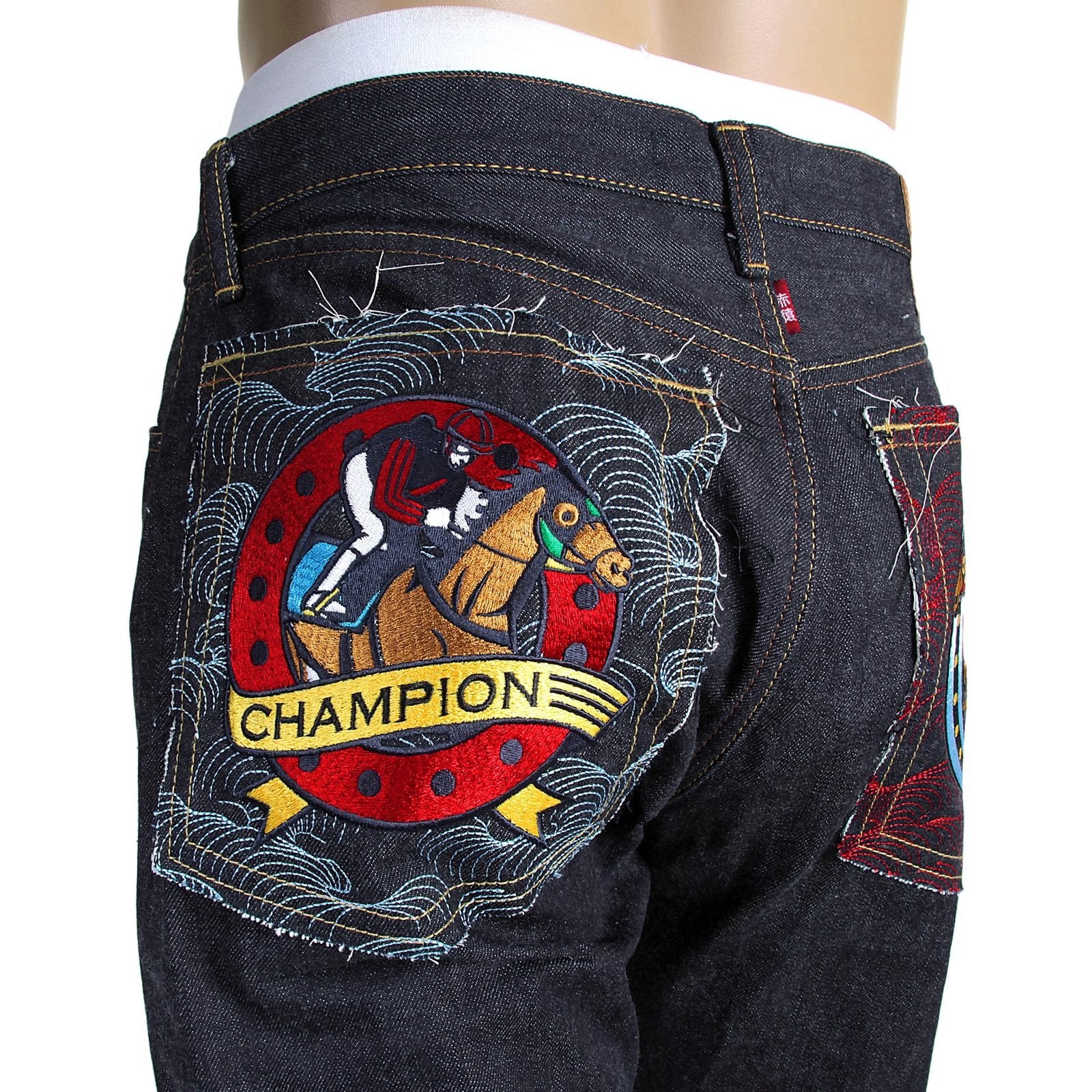 RMC JEANS 1001 MODEL MENS JAPANESE INDIGO RAW SELVEDGE DENIM JEANS WITH RED LUCKY HORSE EMBROIDERY RMC3748