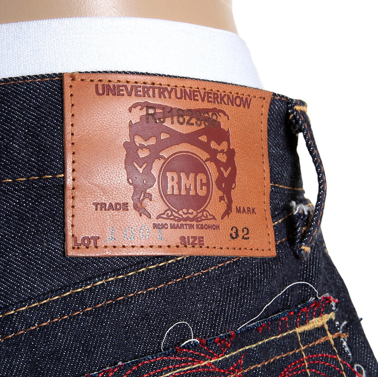 RMC JEANS 1001 MODEL MENS JAPANESE INDIGO RAW SELVEDGE DENIM JEANS WITH RED LUCKY HORSE EMBROIDERY RMC3748