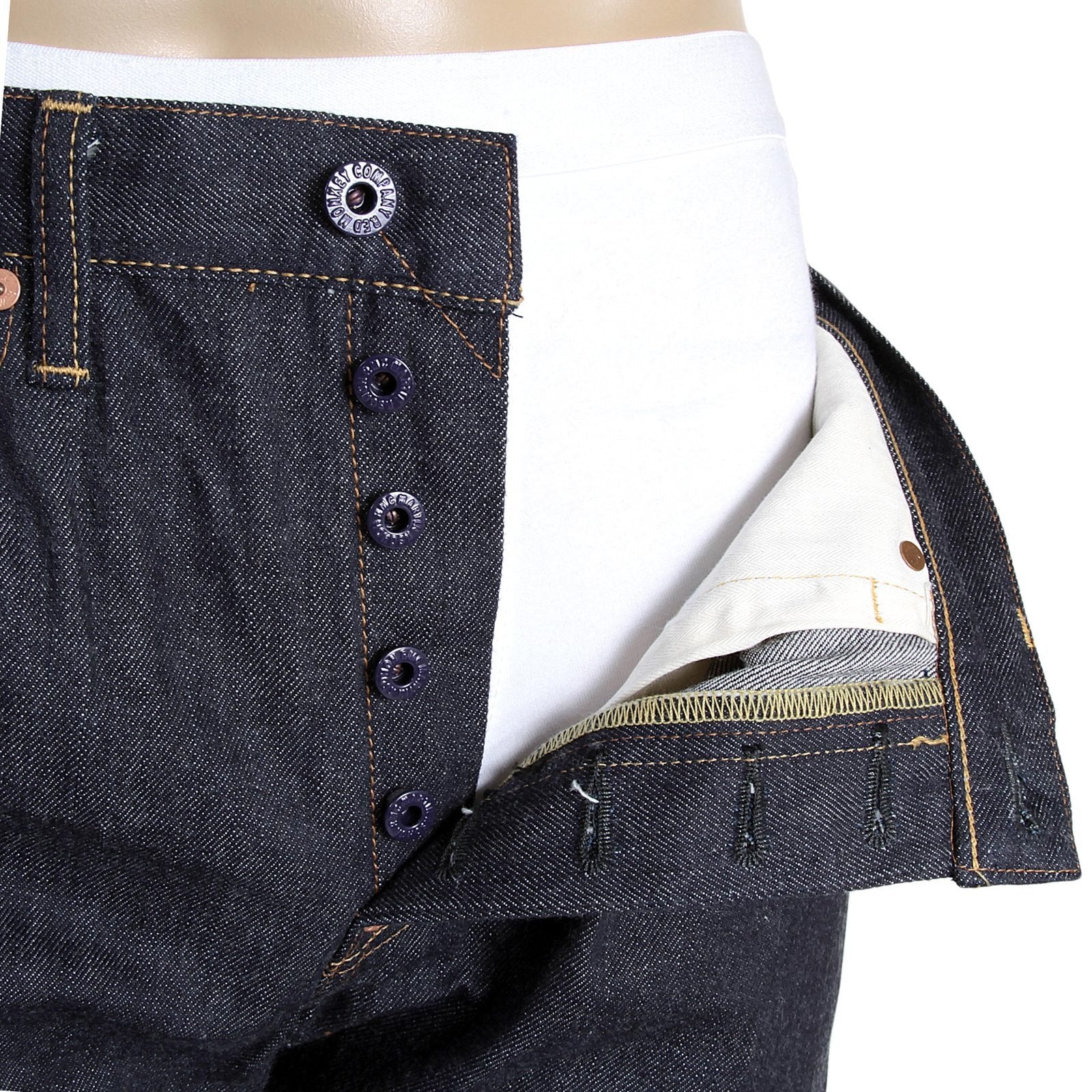 RMC JEANS 1001 MODEL MENS JAPANESE INDIGO RAW SELVEDGE DENIM JEANS WITH RED LUCKY HORSE EMBROIDERY RMC3748