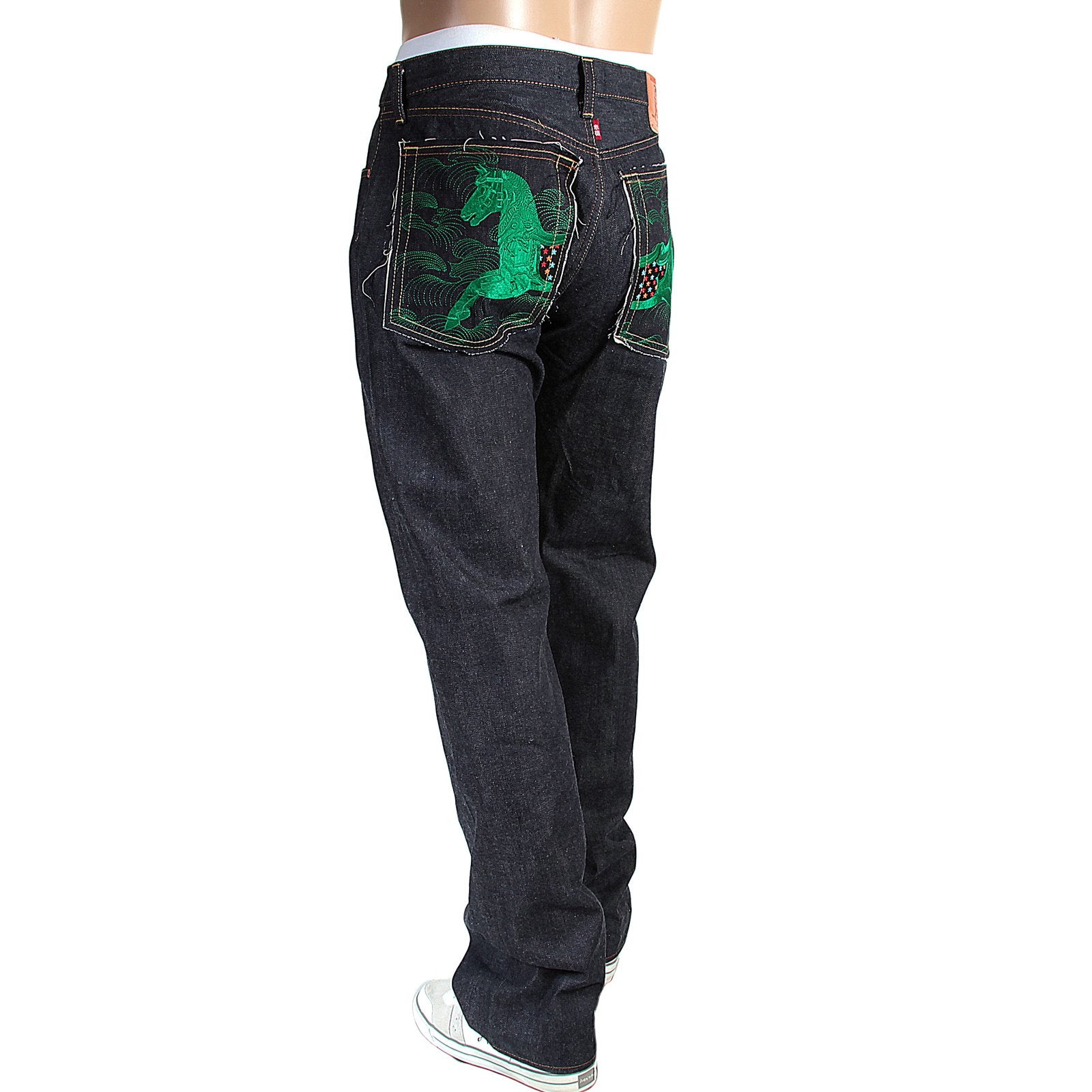 RMC INDIGO RAW RED LINE SELVEDGE MODEL 1001 JAPANESE DENIM JEANS WITH GREEN LUCKY HORSE EMBROIDERY RMC3749