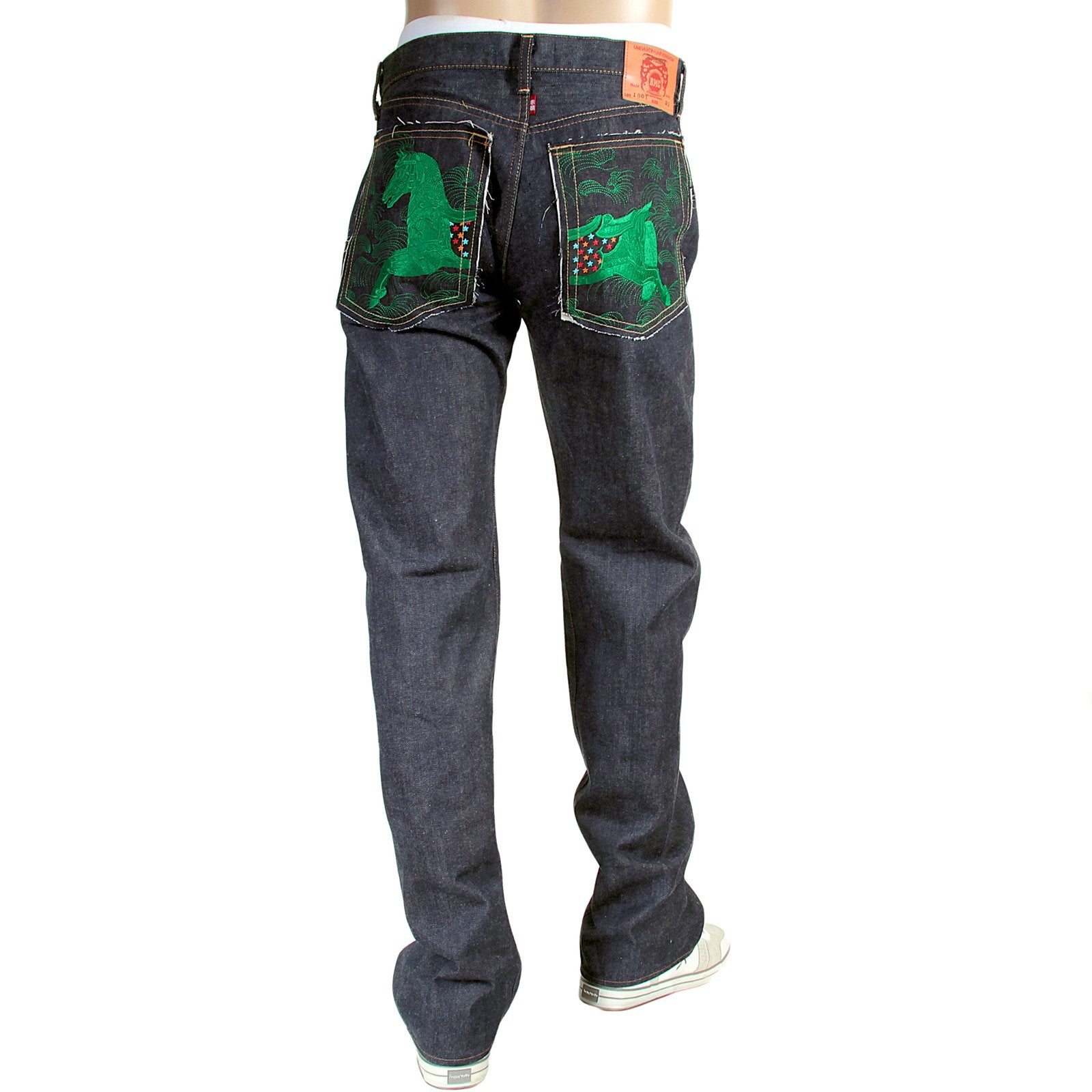 RMC INDIGO RAW RED LINE SELVEDGE MODEL 1001 JAPANESE DENIM JEANS WITH GREEN LUCKY HORSE EMBROIDERY RMC3749