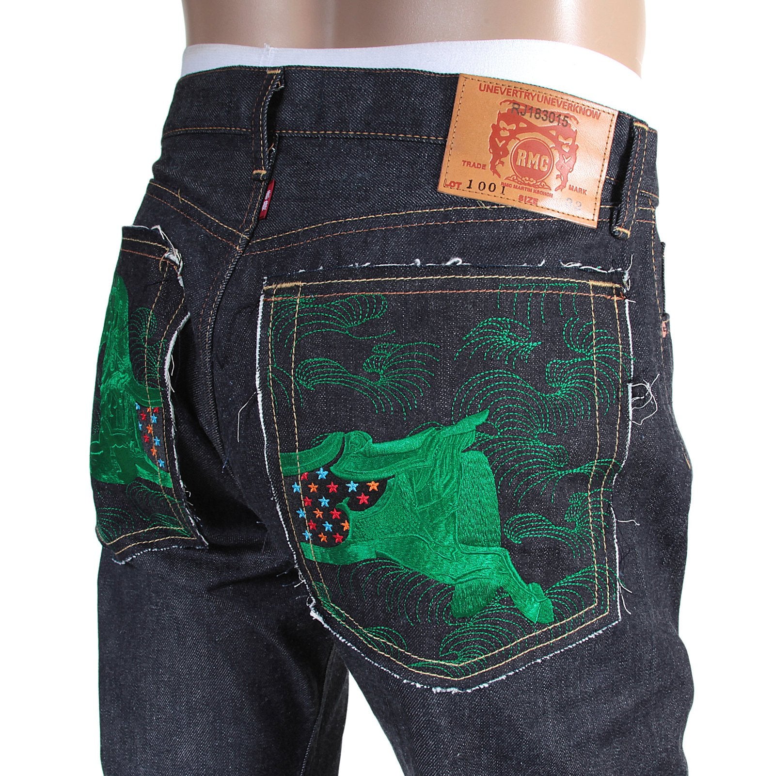RMC INDIGO RAW RED LINE SELVEDGE MODEL 1001 JAPANESE DENIM JEANS WITH GREEN LUCKY HORSE EMBROIDERY RMC3749
