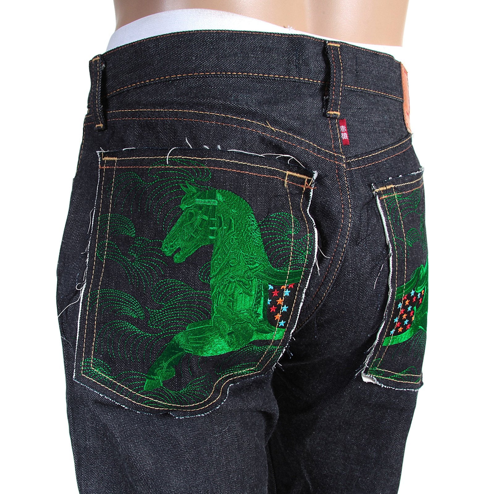 RMC INDIGO RAW RED LINE SELVEDGE MODEL 1001 JAPANESE DENIM JEANS WITH GREEN LUCKY HORSE EMBROIDERY RMC3749