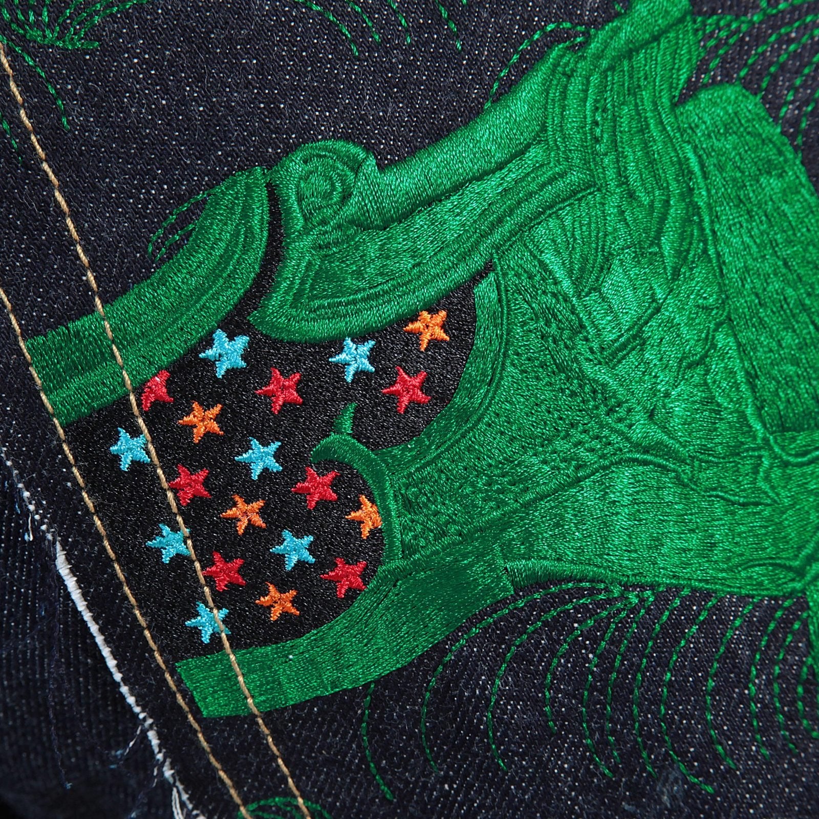 RMC INDIGO RAW RED LINE SELVEDGE MODEL 1001 JAPANESE DENIM JEANS WITH GREEN LUCKY HORSE EMBROIDERY RMC3749