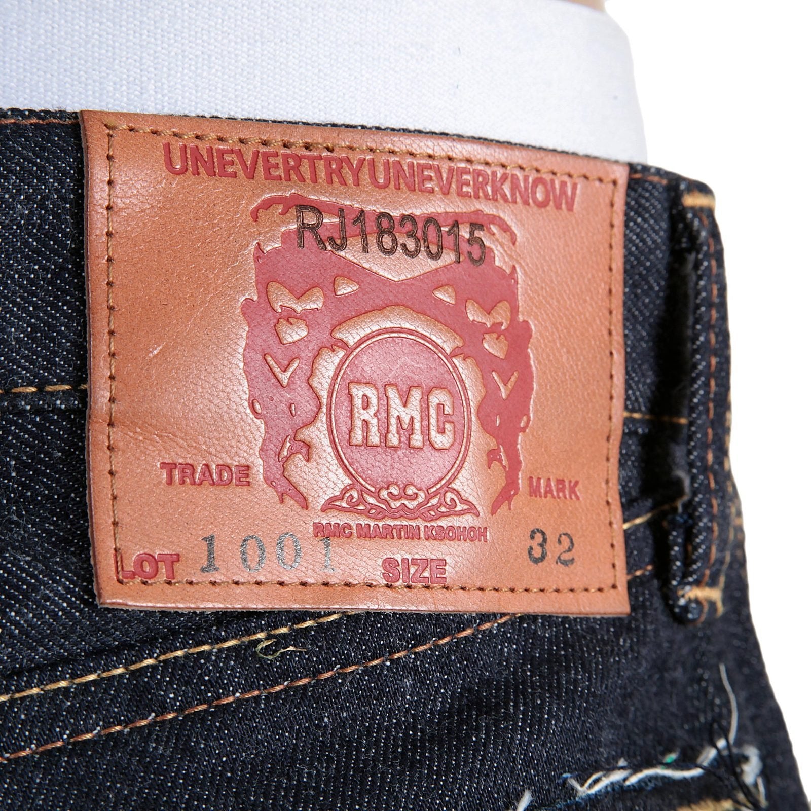 RMC INDIGO RAW RED LINE SELVEDGE MODEL 1001 JAPANESE DENIM JEANS WITH GREEN LUCKY HORSE EMBROIDERY RMC3749