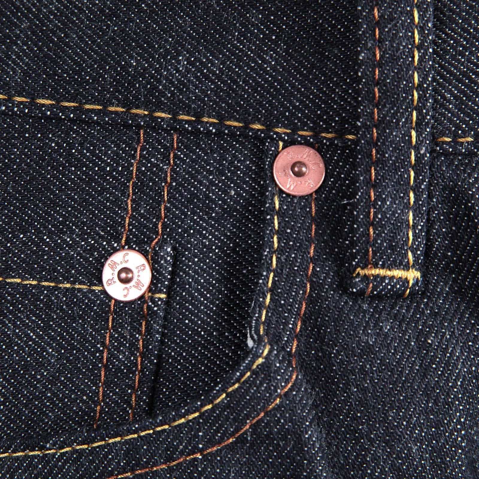 RMC INDIGO RAW RED LINE SELVEDGE MODEL 1001 JAPANESE DENIM JEANS WITH GREEN LUCKY HORSE EMBROIDERY RMC3749