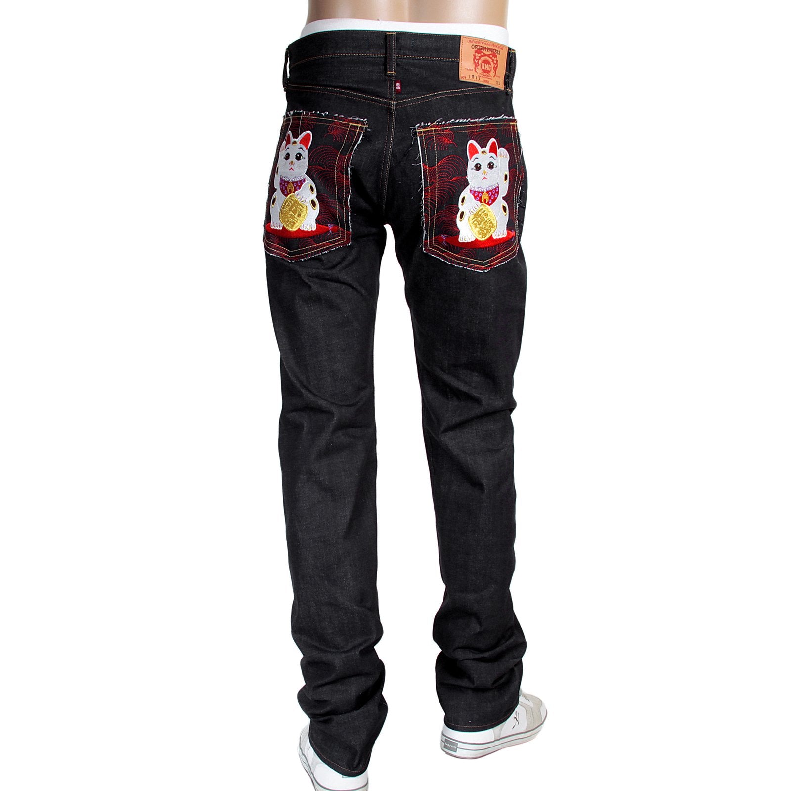 RMC MARTIN KSOHOH RQP14019 1011 SLIM CUT INDIGO RAW DENIM JEANS WITH LUCKY CAT MANEKI NEKO EMBROIDERY RMC4115