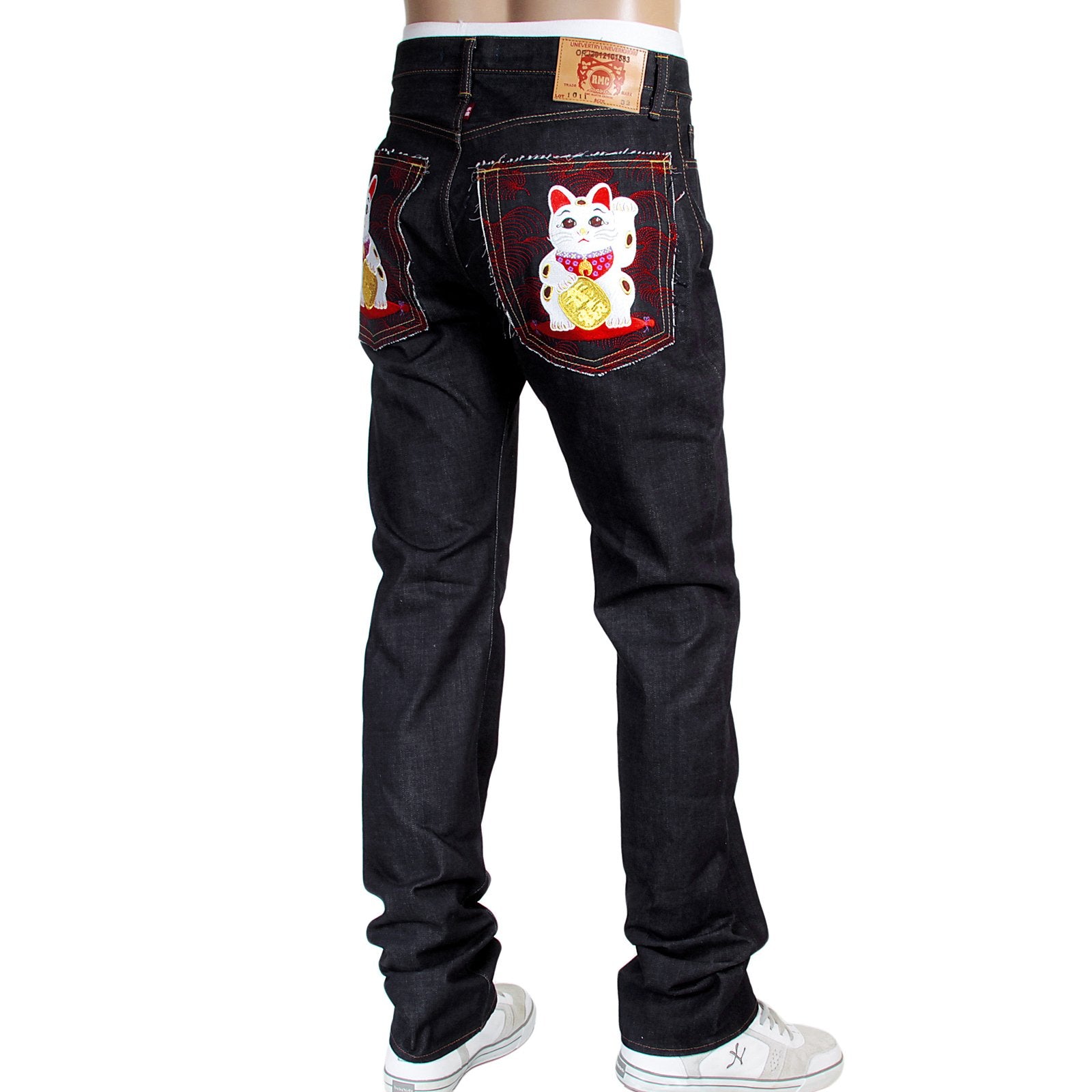 RMC MARTIN KSOHOH RQP14019 1011 SLIM CUT INDIGO RAW DENIM JEANS WITH LUCKY CAT MANEKI NEKO EMBROIDERY RMC4115