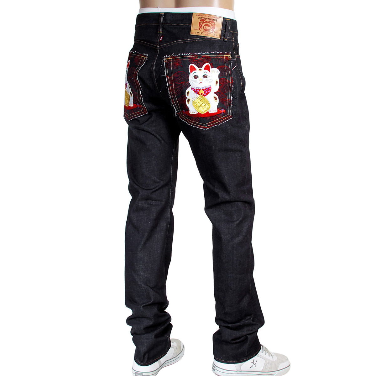 RMC MARTIN KSOHOH RQP14019 1011 SLIM CUT INDIGO RAW DENIM JEANS WITH LUCKY CAT MANEKI NEKO EMBROIDERY RMC4115