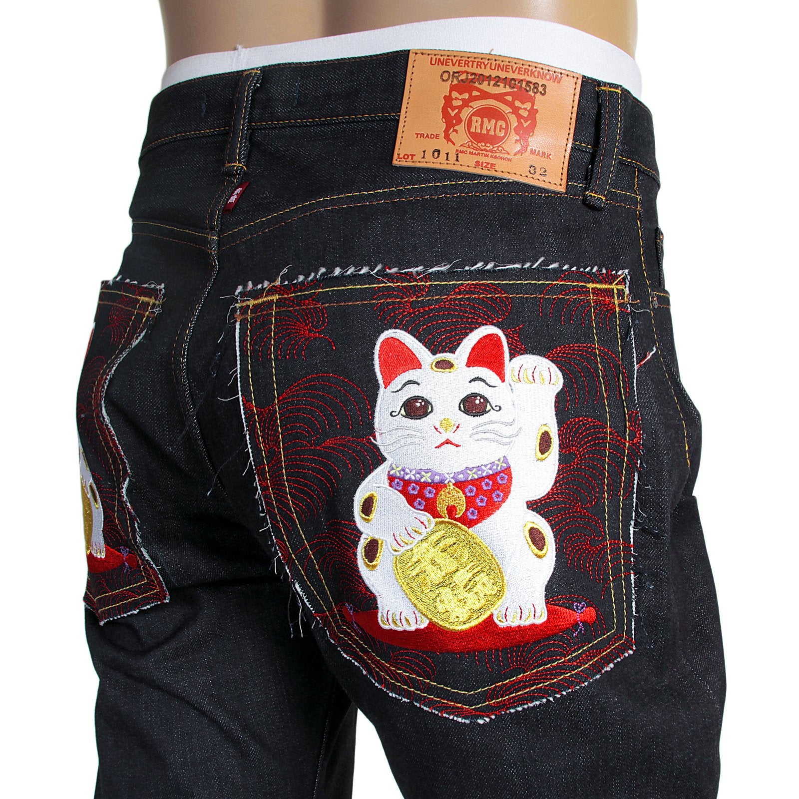 RMC MARTIN KSOHOH RQP14019 1011 SLIM CUT INDIGO RAW DENIM JEANS WITH LUCKY CAT MANEKI NEKO EMBROIDERY RMC4115